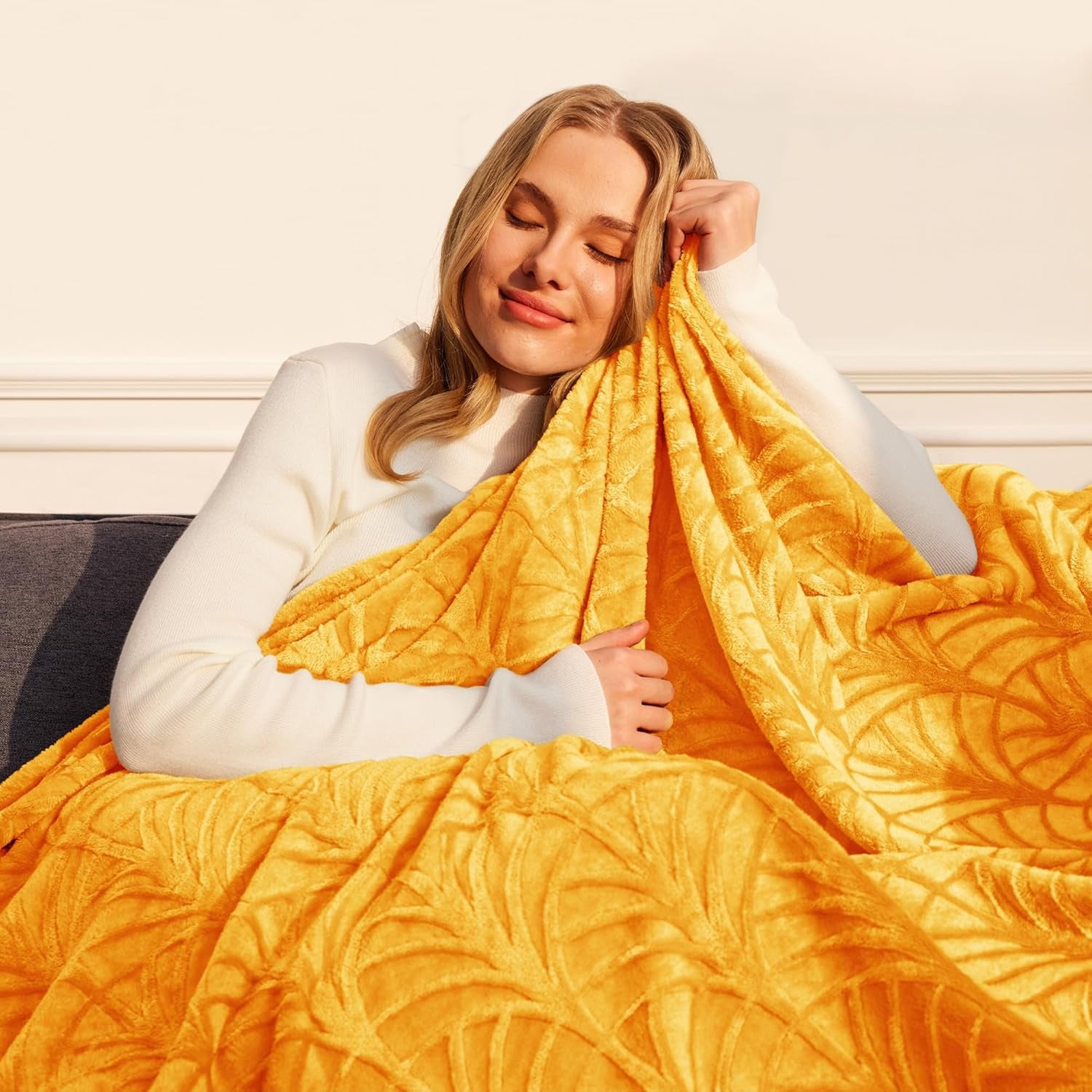 Flannel Fleece Twin Size Blanket for Bed, Soft Fluffy Velvet Bedspread Coverlet with Decorative Vintage Pattern for All Season, Warm and Lightweight, 90X66 Inch, Lemon Yellow