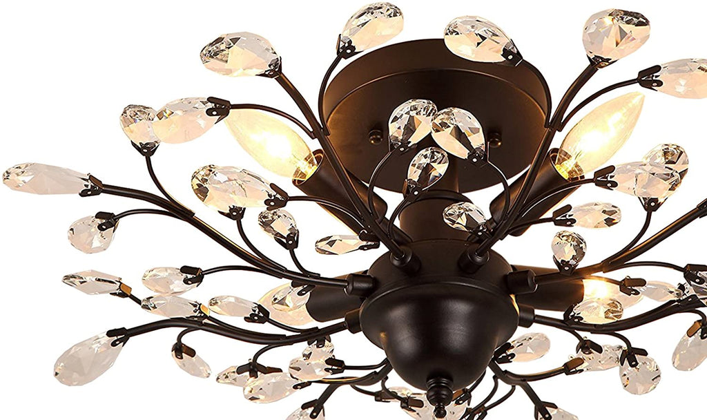 -Light 24.5" Dia 4-Light Vintage Crystal Branch Close to Ceiling Light Fixture Black Chandelier Flush Mount,E12,160W,For Bedroom,Kitchen,Living Room;