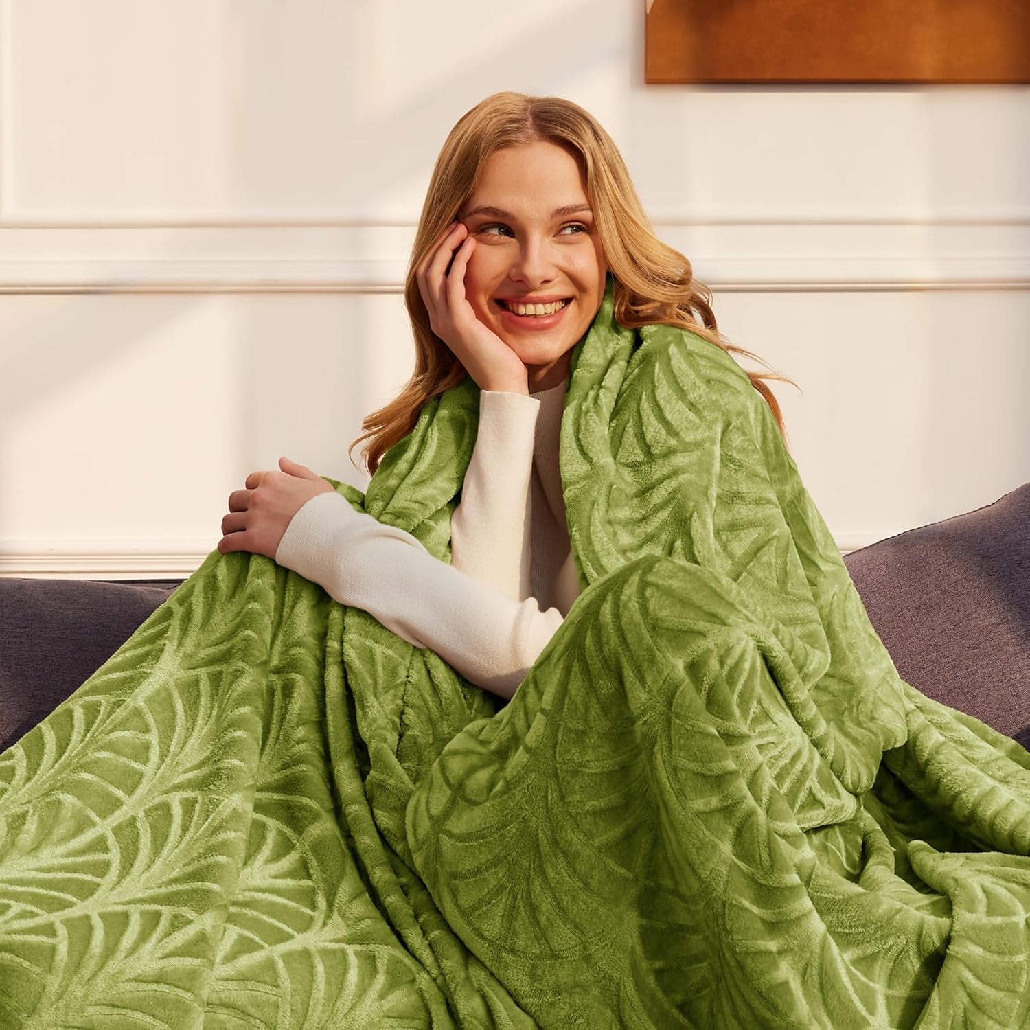 Flannel Fleece Twin Size Blanket for Bed, Soft Fluffy Velvet Bedspread Coverlet with Decorative Vintage Pattern for All Season, Warm and Lightweight, 90X66 Inch, Olive Green