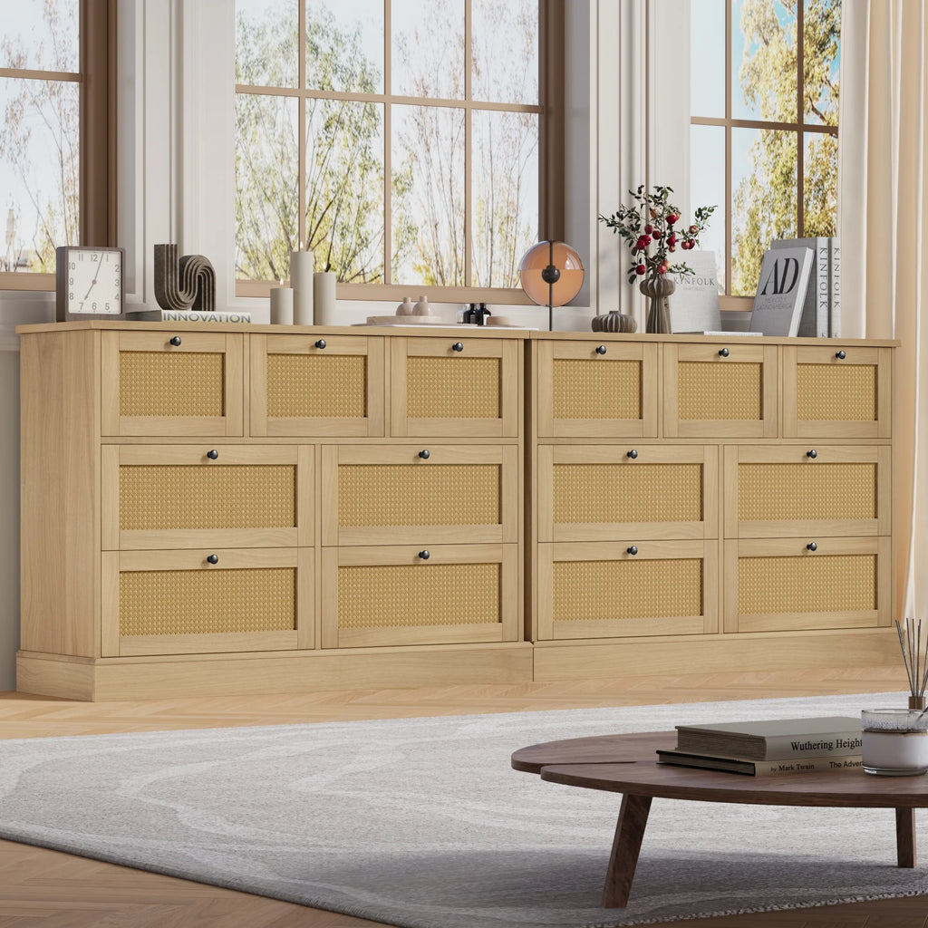 Rattan Dresser, 7 Drawer Combo Double Dresser, Modern Wicker Chest for Bedroom, Burlywood