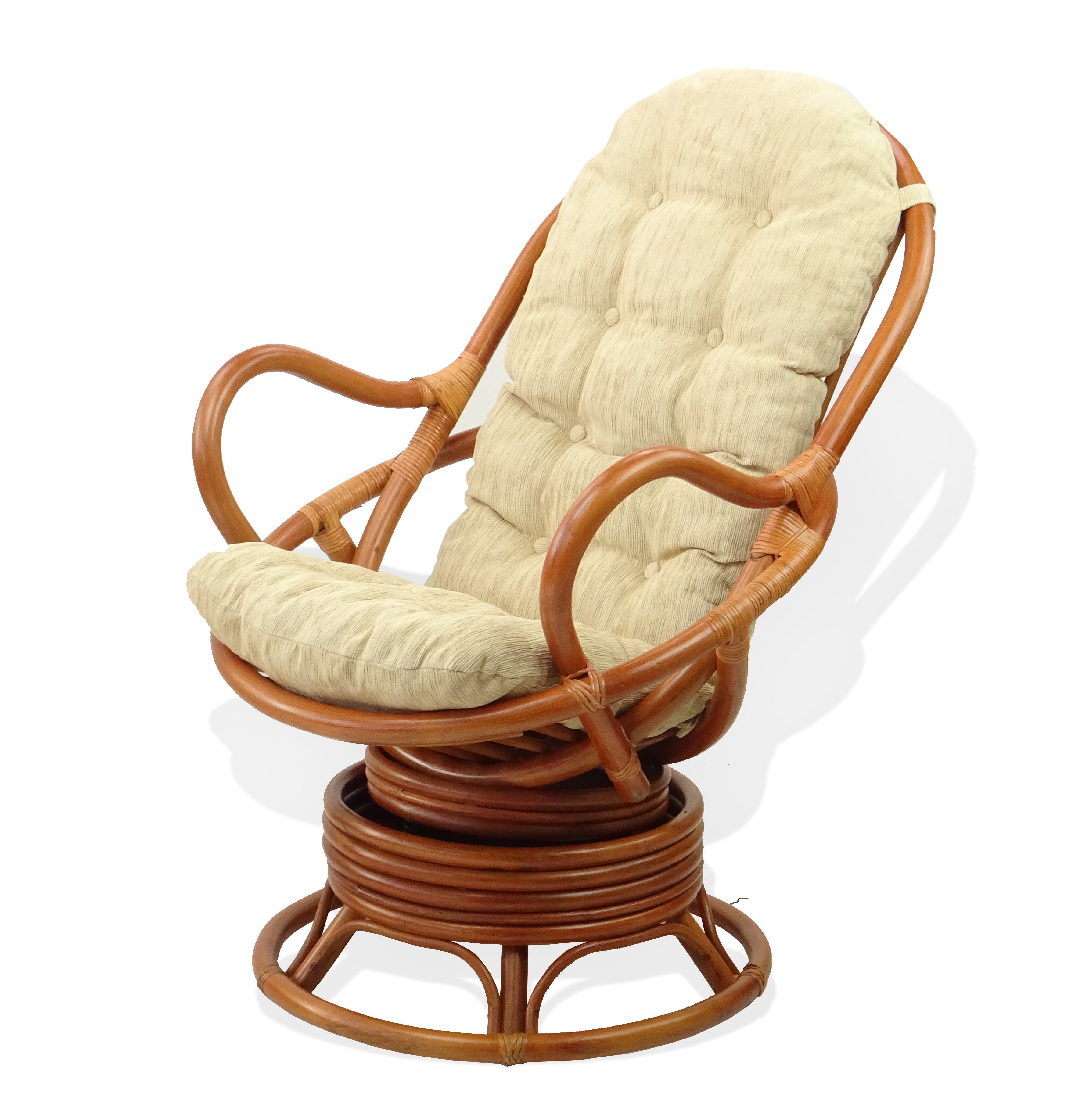 Java Swivel Rocking Lounge Chair Natural Handmade Rattan Wicker with Cream Cushions, Colonial