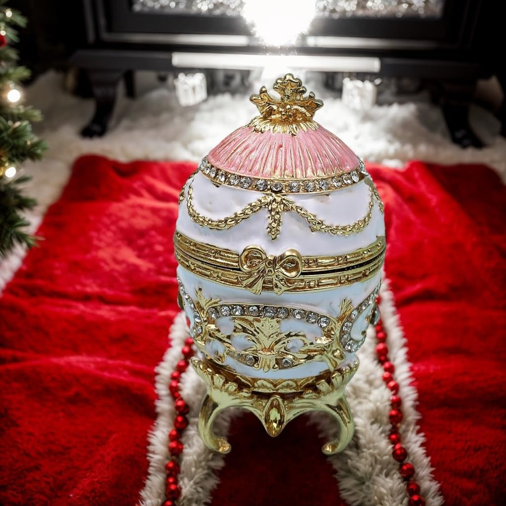 Unique Faberge Egg Trinket Box, Hand-Painted Enameled Hinged Jewelry Organizer, Vintage Bejeweled Storage, Mini Ring Earrings Jewelry Box, Figurine Collectible Keepsake Home Decor