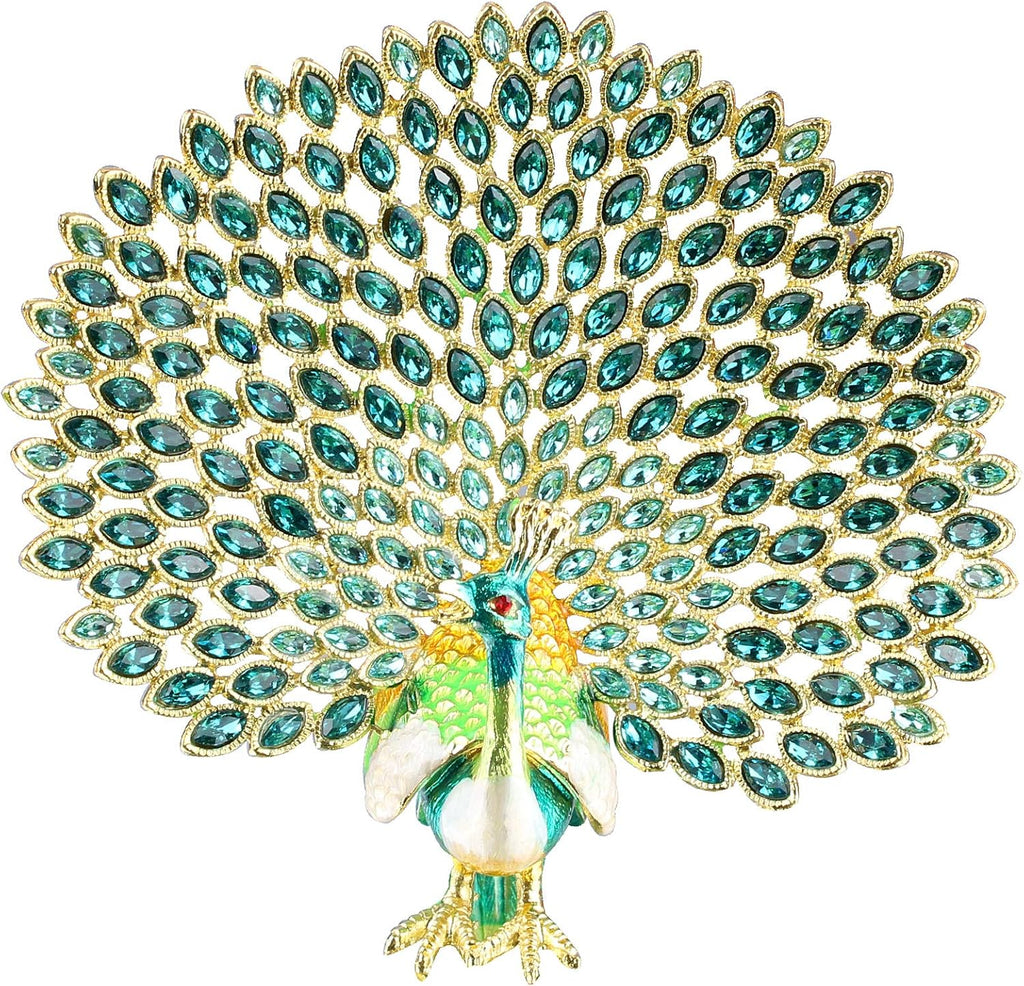 Peacock Jewelry Trinket Box Figurine Enamel Hinged Hand Painted Keepsake Decoration (Green)