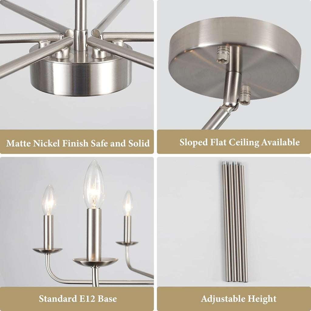 Dining Room Chandelier Nickel Chandelier Modern Farmhouse Candle Ceiling Light Contemporary 6 Lights Pendant Light Fixtures for Bedroom Living Room Kitchen Island Foyer