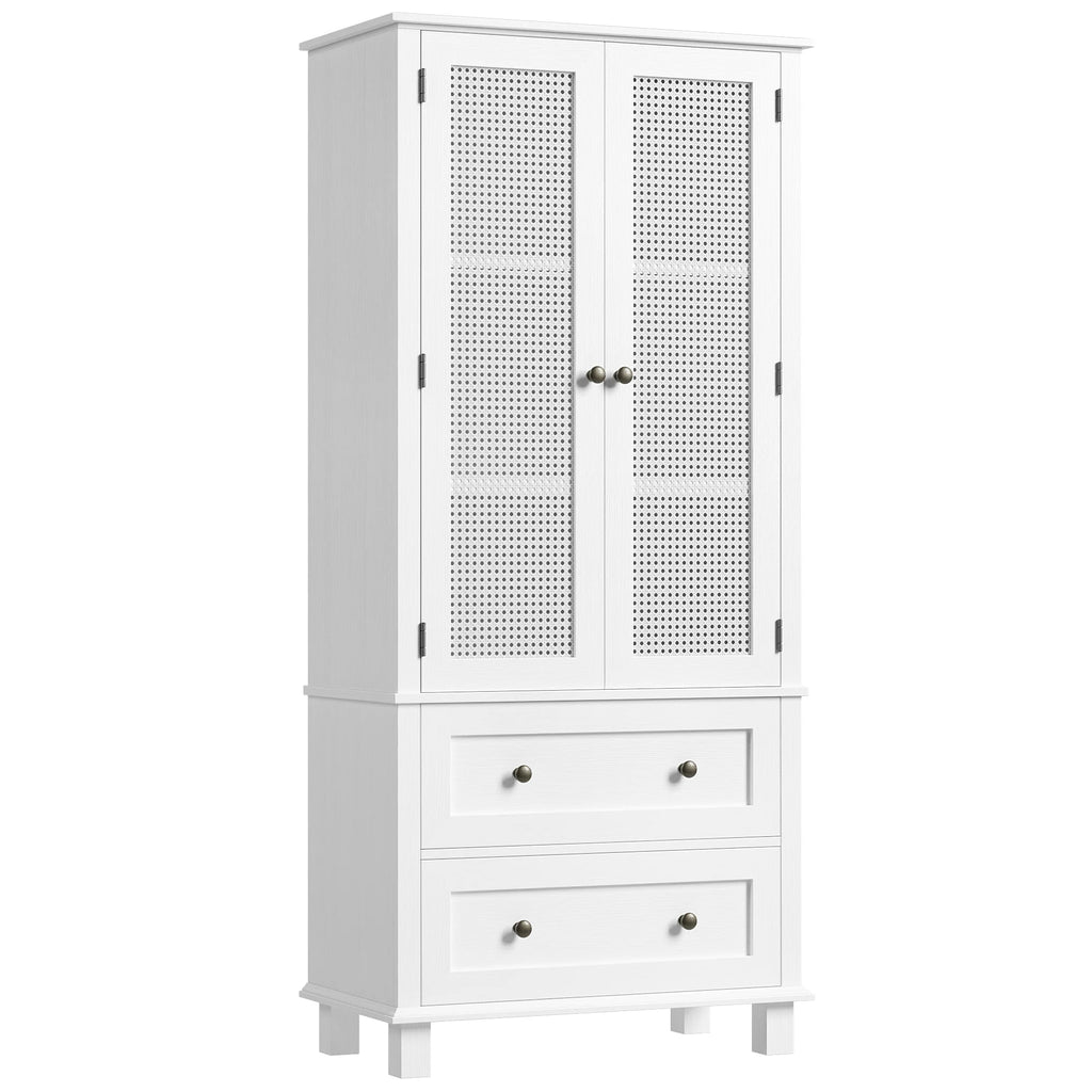 Bathroom Cabinet with Rattan Doors, Rattan Linen Storage Cabinet with 2 Drawers, White