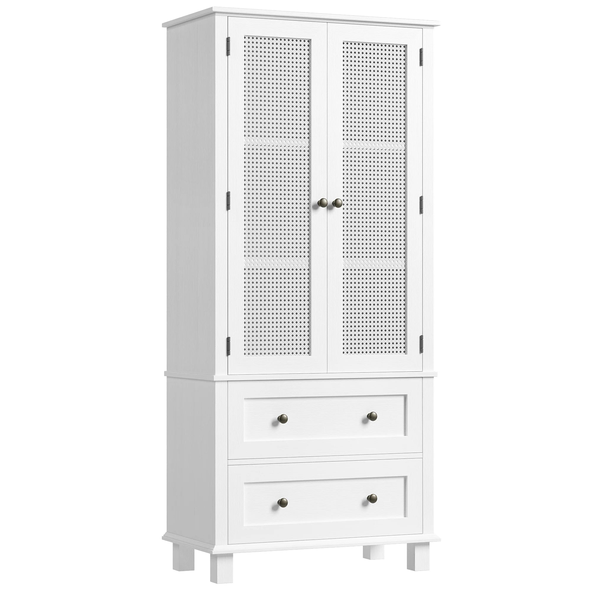Bathroom Cabinet with Rattan Doors, Rattan Linen Storage Cabinet with 2 Drawers, White