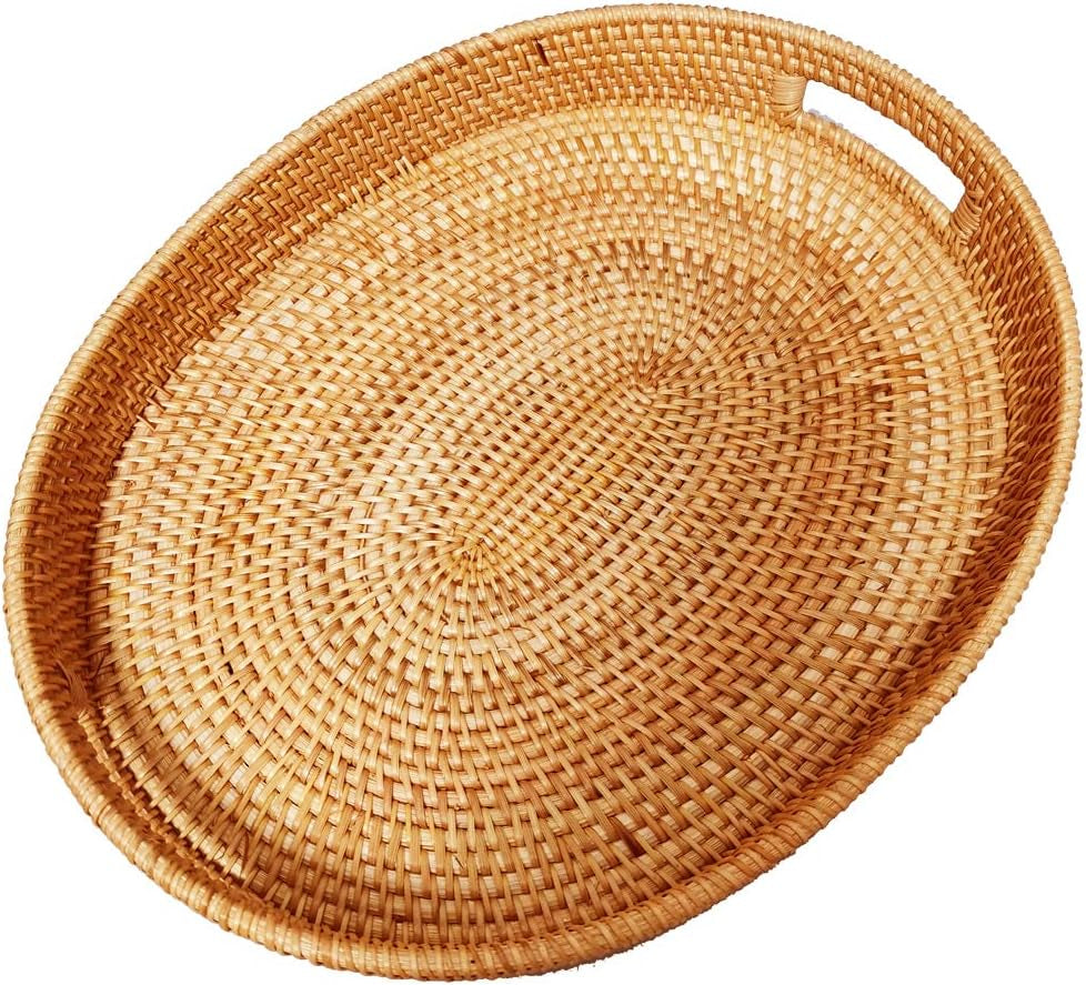 Oval Rattan X-Large Breakfast Severing Tray-17 Wicker Woven Food Storage Platters for Fruit,Bread, Drinks,Snacks|Coffee Table Serving Basket Ottoman Tray with Handles and 2.4" Wall(Xxl-43Cm)