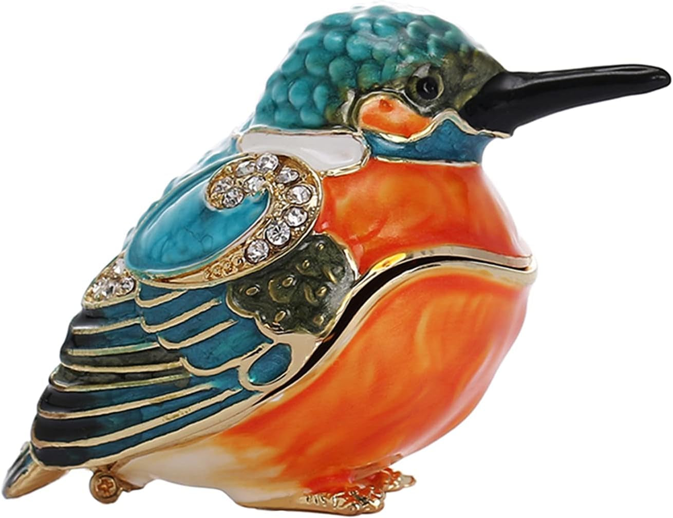 Hand Painted Enamel Bird Trinket Box for Home Decor, Hinged Jewelry Organizer for Ring Earrings, Unique Figurine Keepsake Collectible Personalized Elegant Handmade Ornament (Kingfisher)