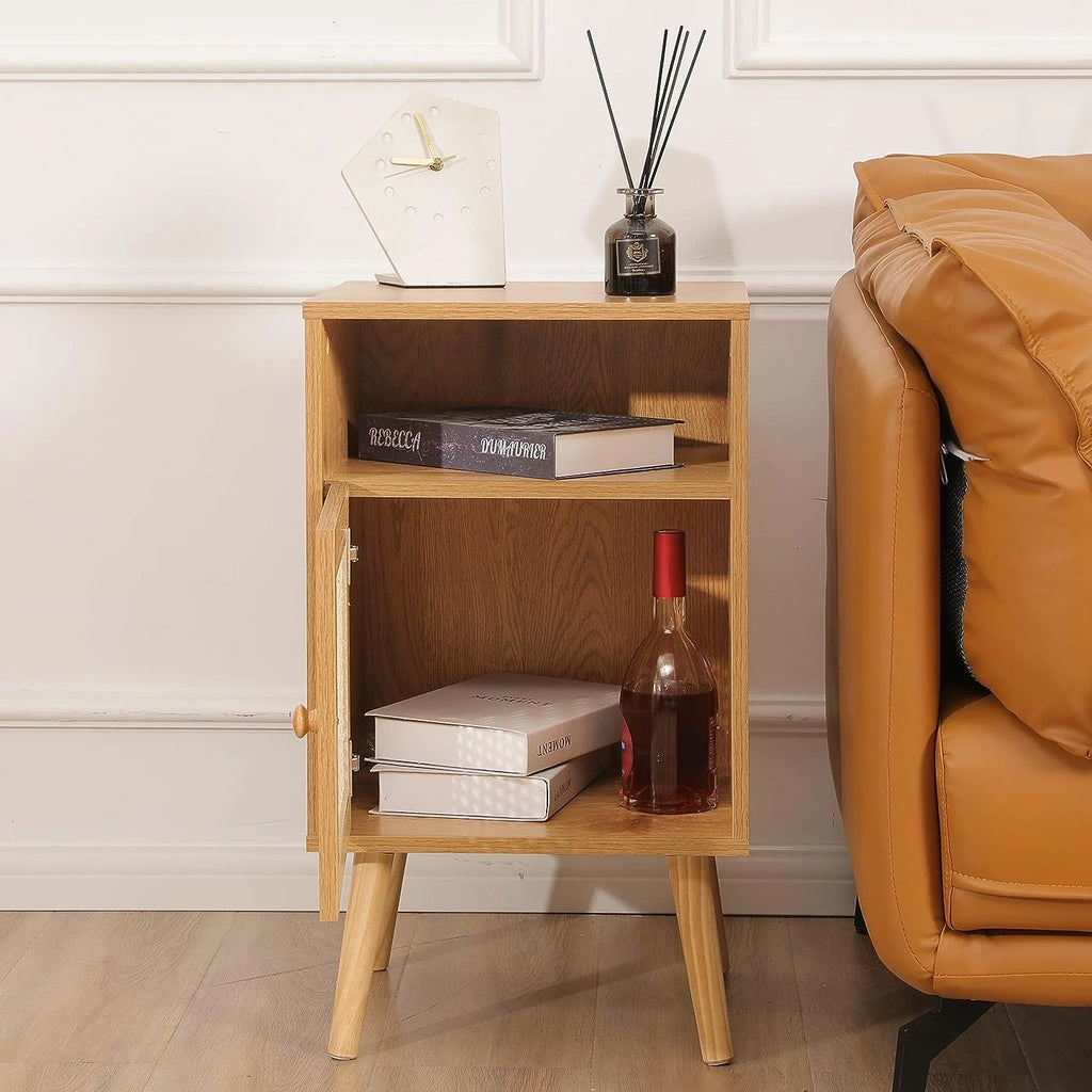 2Pcs Rattan Nightstand Set, Boho Side Table with Handmade Rattan Decorated Drawer, Natural