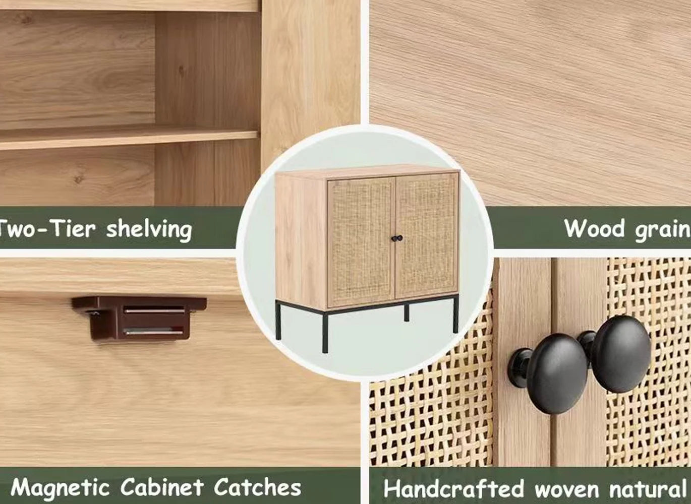 63" Buffet Sideboard Cabinets, 4 Door Rattan Storage Cabinet Accent Entryway Chest Console Table Liquor Wood Cupboard for Dining Room, Living Room, Kitchen,63 X 31.5 X 15.75 Inches,Oak Color