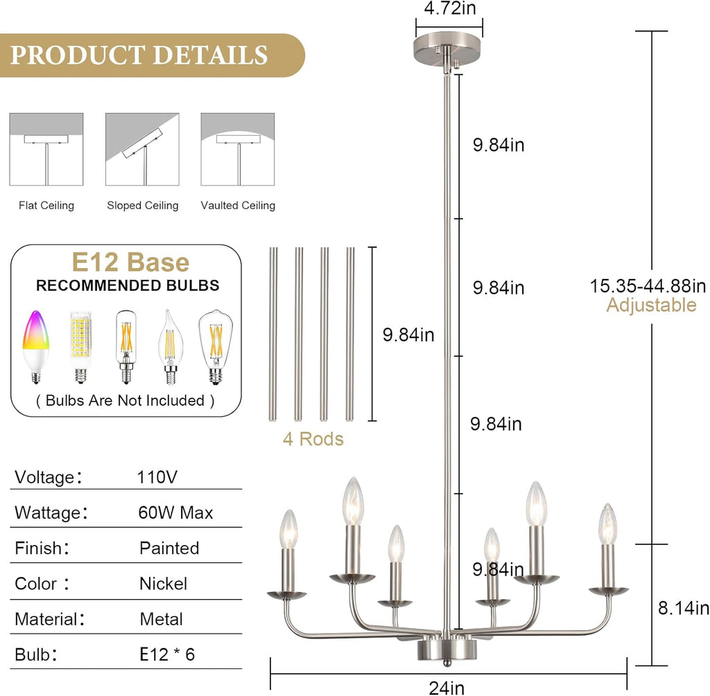 Dining Room Chandelier Nickel Chandelier Modern Farmhouse Candle Ceiling Light Contemporary 6 Lights Pendant Light Fixtures for Bedroom Living Room Kitchen Island Foyer