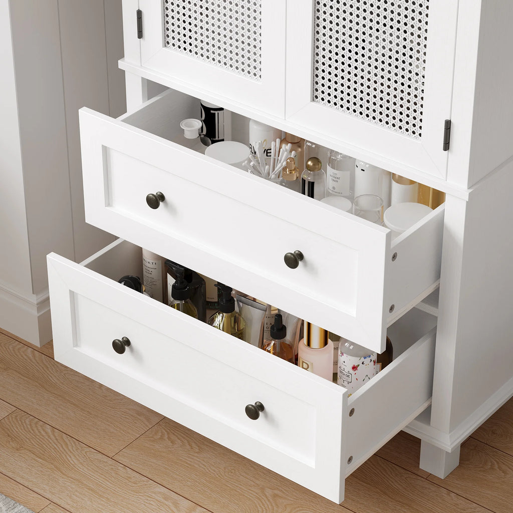 Bathroom Cabinet with Rattan Doors, Rattan Linen Storage Cabinet with 2 Drawers, White