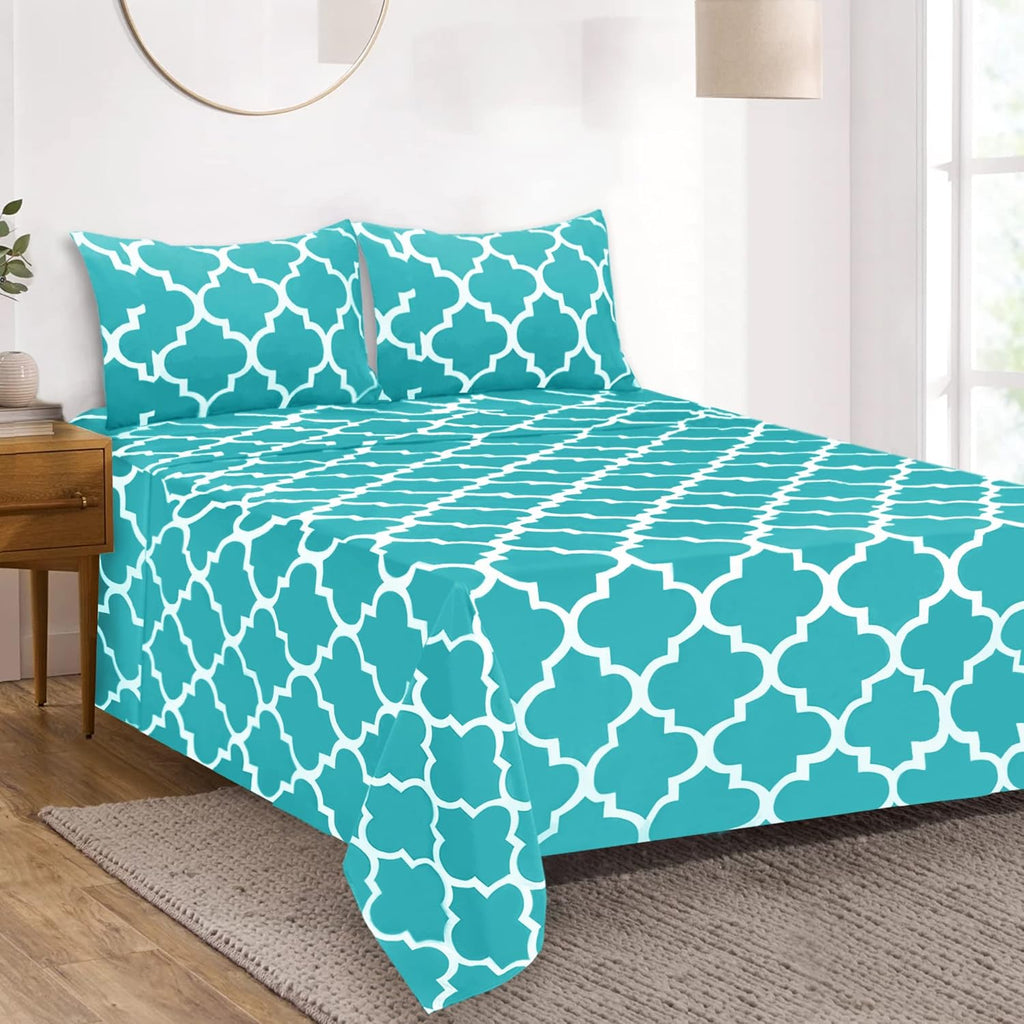 Full Bed Sheet Set - Super Soft Brushed Microfiber 1800 Thread Count Sheets with 16 Inch Deep Pocket - Wrinkle Free - 4 Piece(Full, Aqua Quatrefoil with White Pattern)