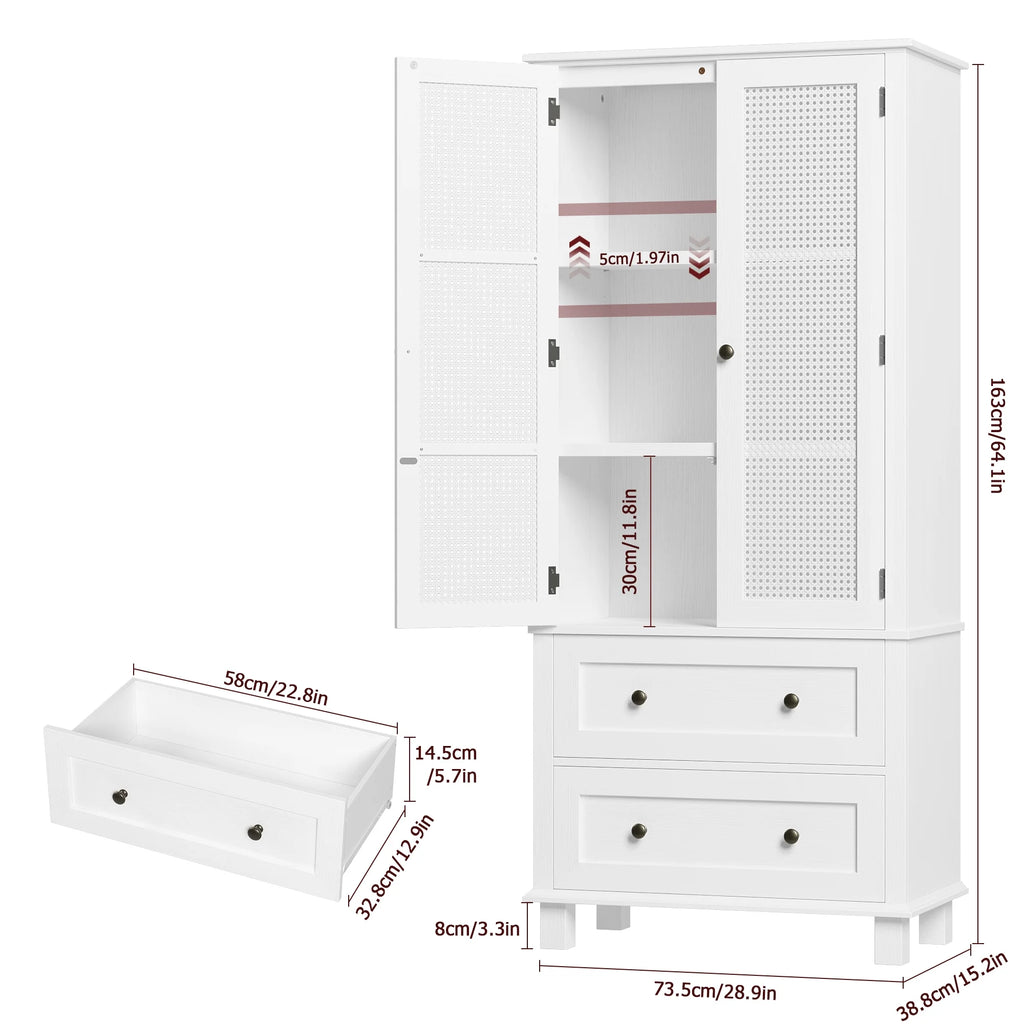 Bathroom Cabinet with Rattan Doors, Rattan Linen Storage Cabinet with 2 Drawers, White