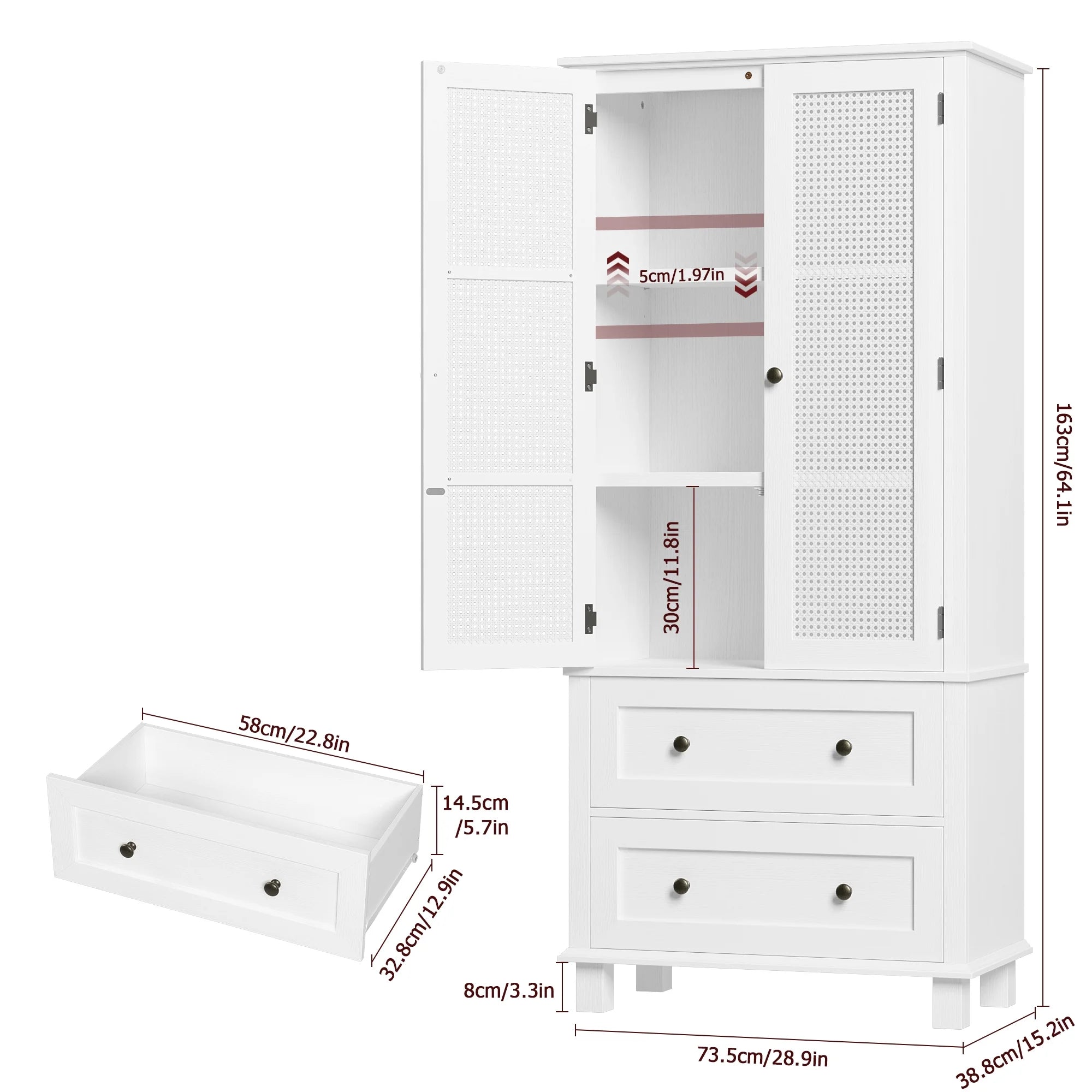 Bathroom Cabinet with Rattan Doors, Rattan Linen Storage Cabinet with 2 Drawers, White