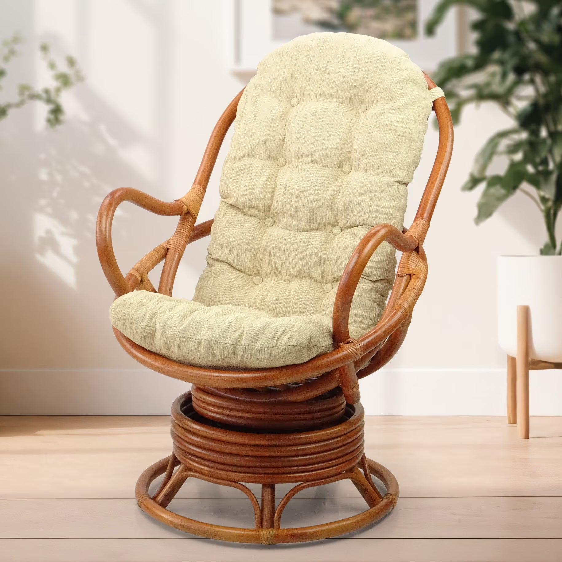 Java Swivel Rocking Lounge Chair Natural Handmade Rattan Wicker with Cream Cushions, Colonial