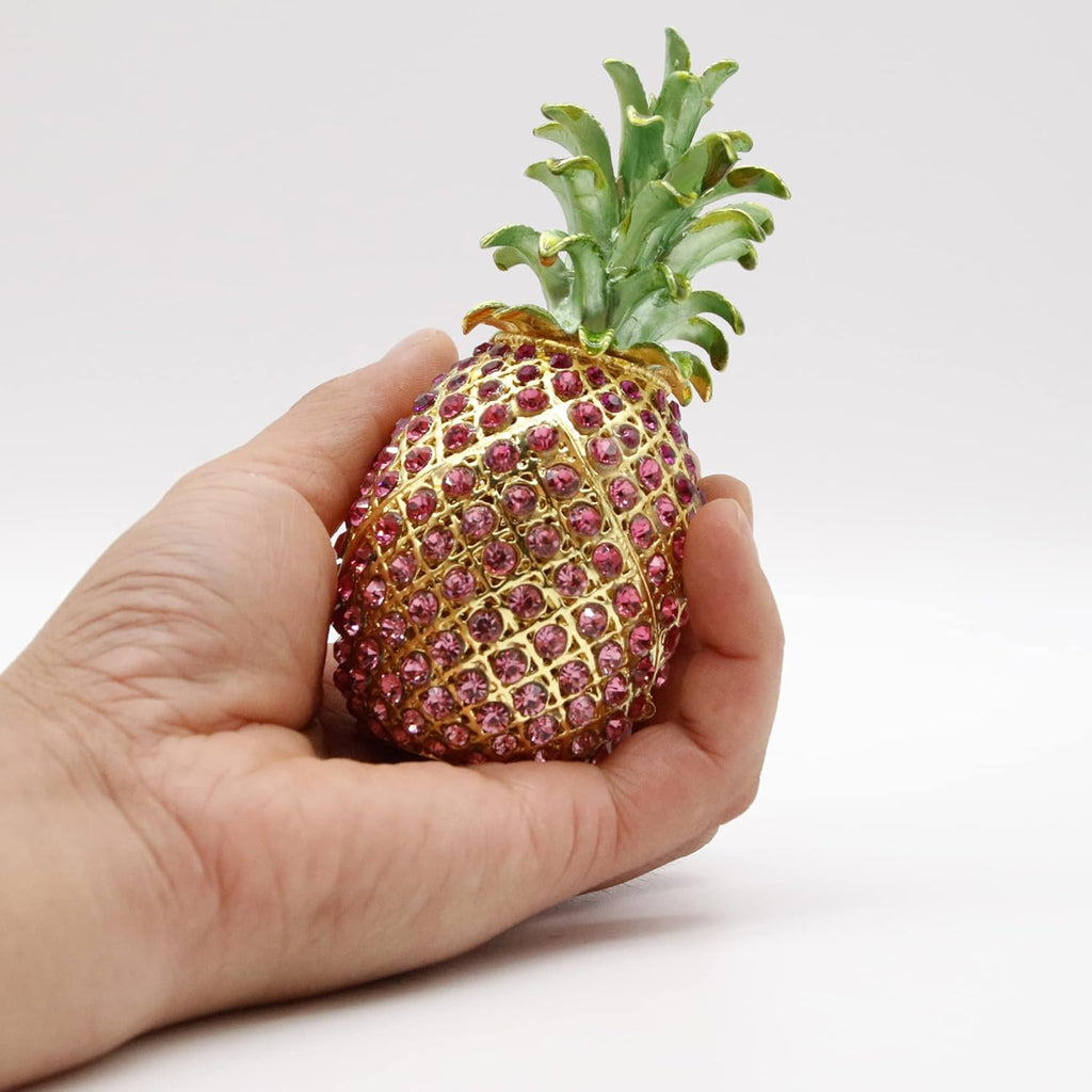 Large Pink Pineapple Jewelry Trinket Boxes Hinged Hand-Painted with Crystal Fruit Collectible Ornaments Gift Room Decor for Women Girls
