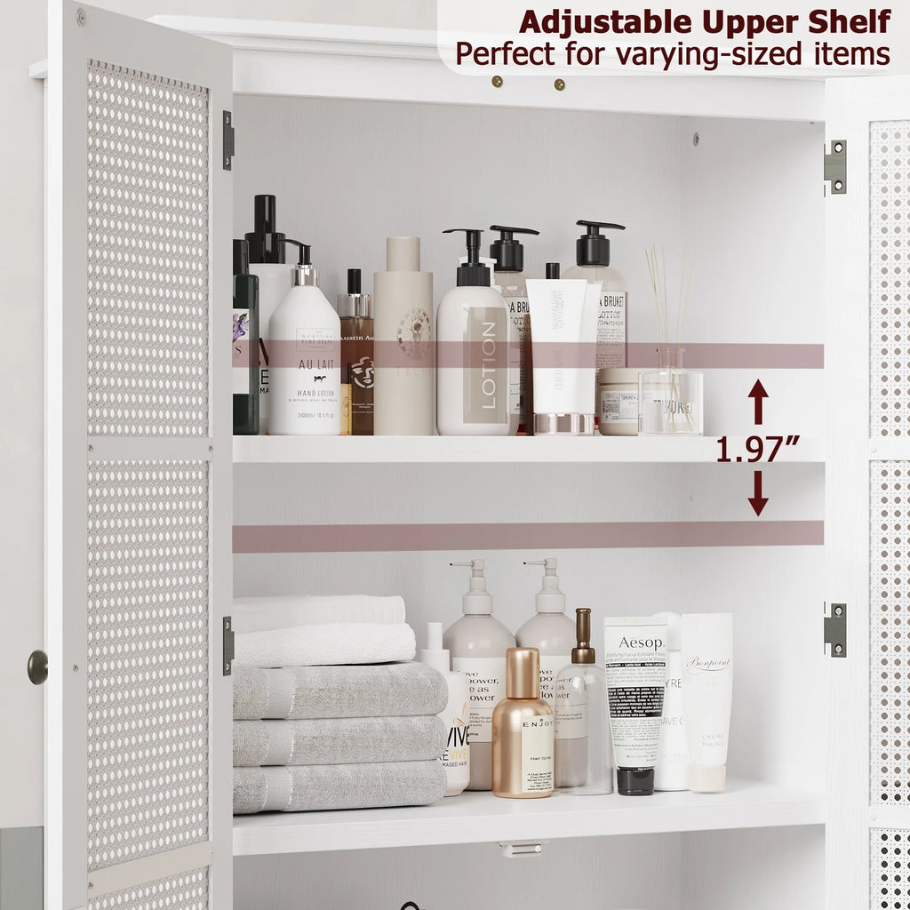 Bathroom Cabinet with Rattan Doors, Rattan Linen Storage Cabinet with 2 Drawers, White