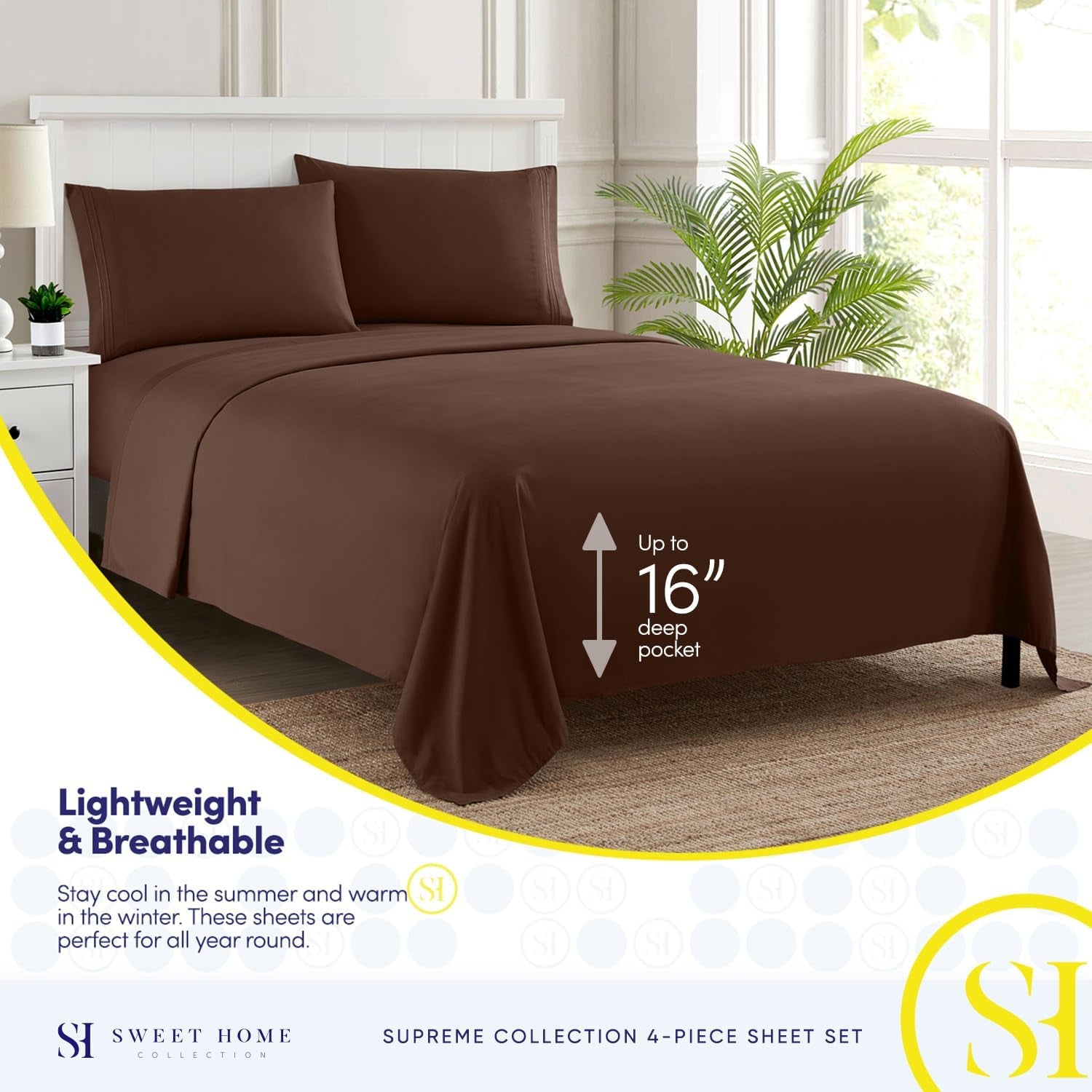 Queen Size Bed Sheets - Breathable Luxury Sheets with Full Elastic & Secure Corner Straps Built in - 1800 Supreme Collection Extra Soft Deep Pocket Bedding Set, Sheet Set, Queen, Brown
