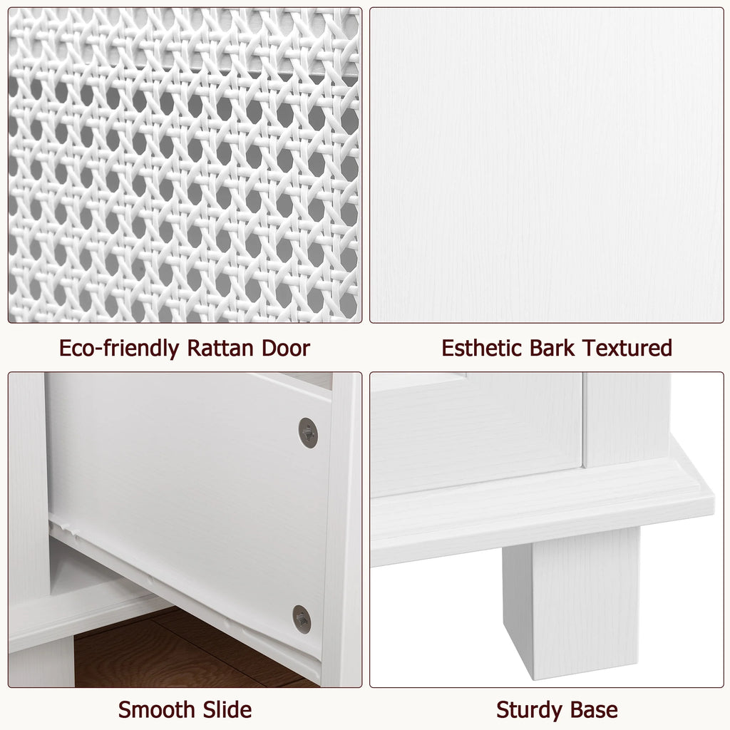 Bathroom Cabinet with Rattan Doors, Rattan Linen Storage Cabinet with 2 Drawers, White