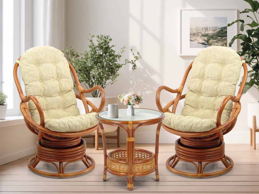 Java Swivel Rocking Lounge Chair Natural Handmade Rattan Wicker with Cream Cushions, Colonial