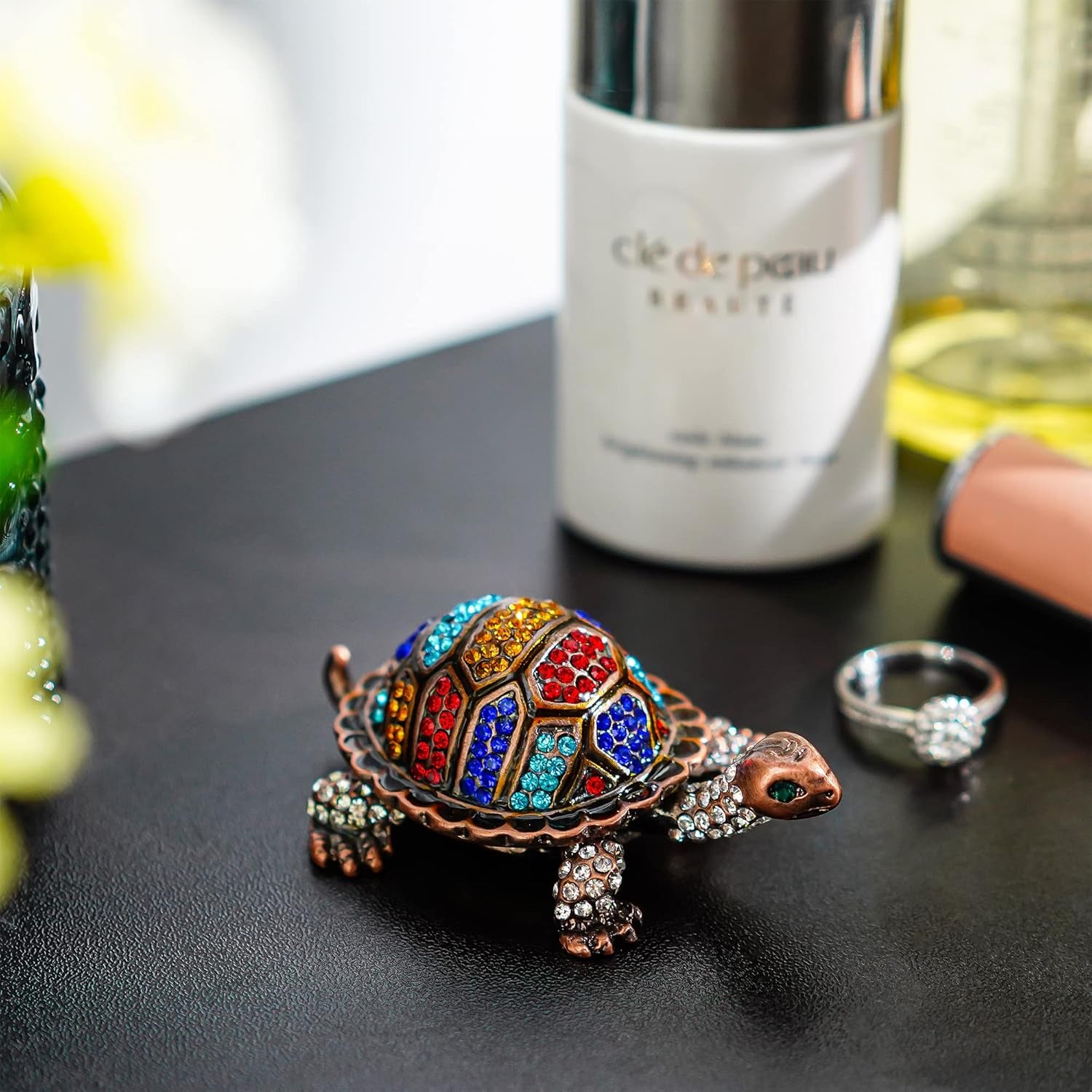 Vintage Turtle Jewelry Trinket Box Hinged,Hand-Painted Sea Animal Figurine Collectible Enamel Sea Turtle Ring Holder Crystal Studded Treasure Keepsake Box (2.5Inch,Colorful)