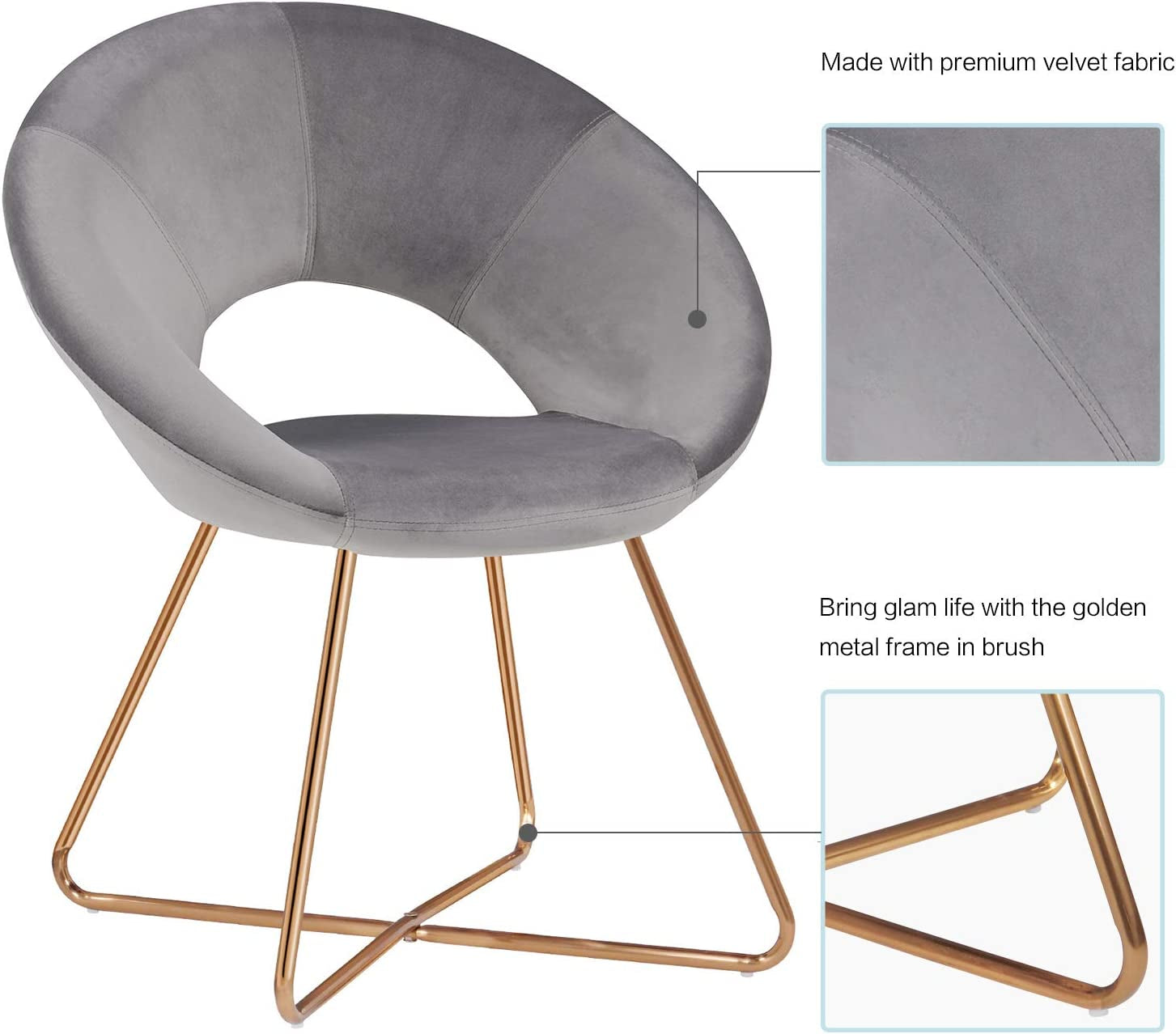 Modern Accent Velvet Chairs Single Sofa Comfy Upholstered Arm Chair Mid-Century Leisure Lounge Chairs with Golden Metal Frame Legs 1 PCS Grey