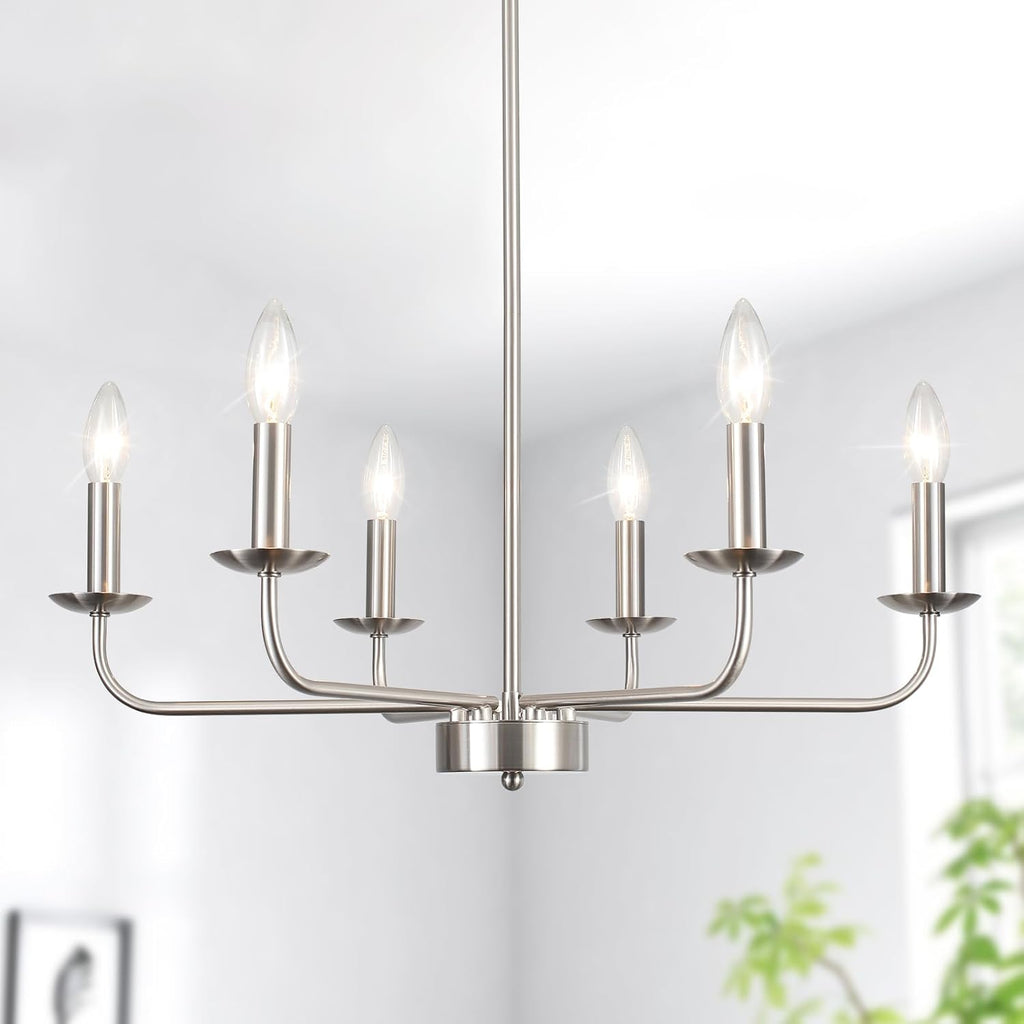 Dining Room Chandelier Nickel Chandelier Modern Farmhouse Candle Ceiling Light Contemporary 6 Lights Pendant Light Fixtures for Bedroom Living Room Kitchen Island Foyer
