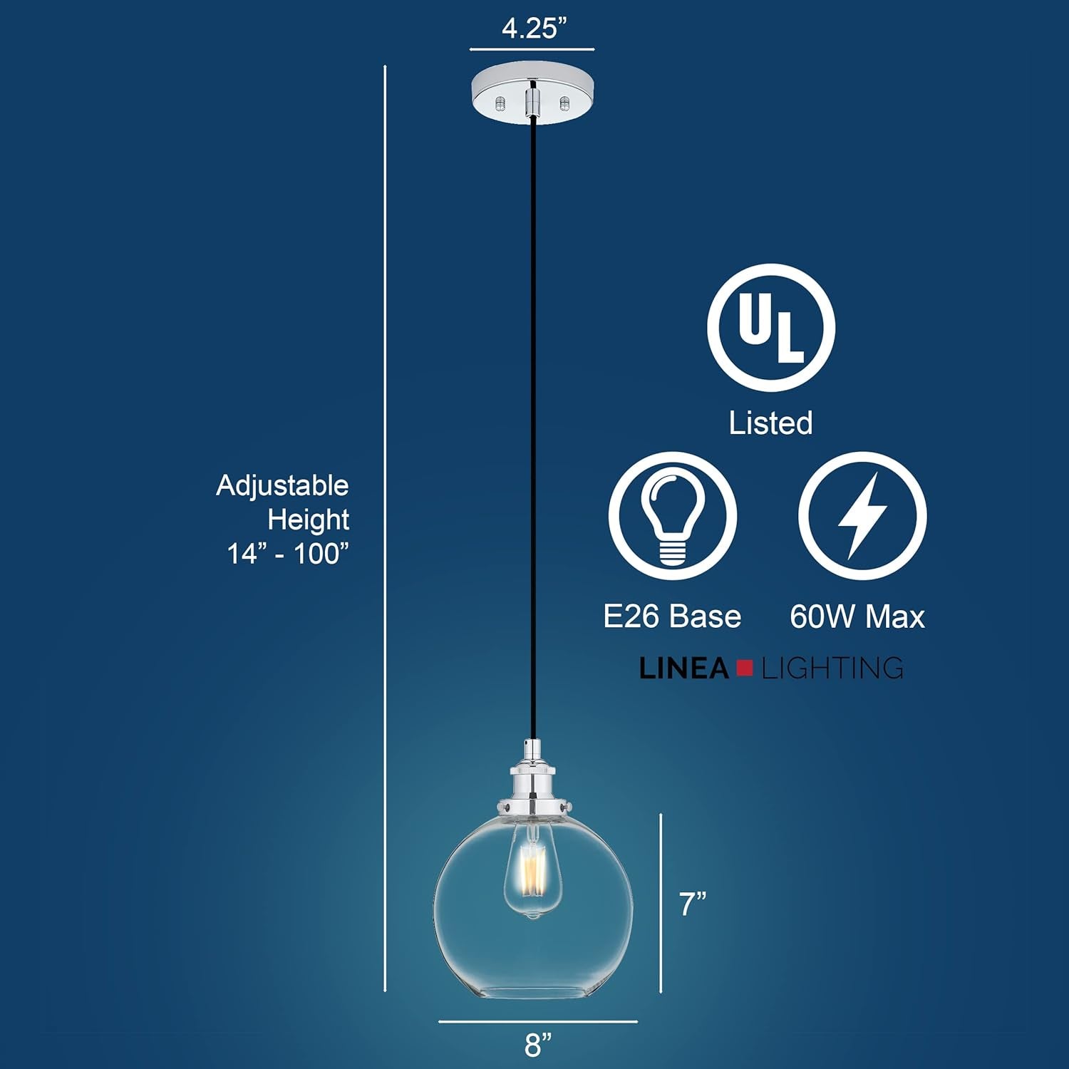 Primo Large Chrome Glass Globe Pendant Light Fixture Farmhouse Pendant Lighting for Kitchen Island Mid Century Modern Ceiling Light Clear Glass Shade, UL Listed