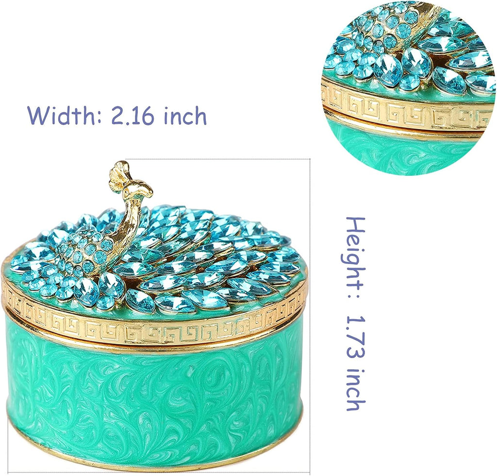 Peacock Trinket Box Hinged Crystal Enameled Ornament Decorative Jewelry Ring Store Box Hand-Painted Craft Gifts for Home Decor (Green)