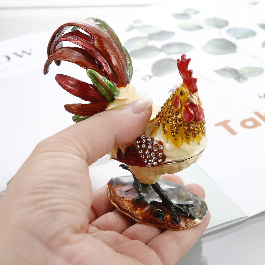 Hand Painted Animal Trinket Box for Home Decor, Hinged Enamel Jewelry Organizer Storage for Ring Earrings, Unique Figurine Keepsake Collectible Personalized Elegant Ornaments (Rooster)