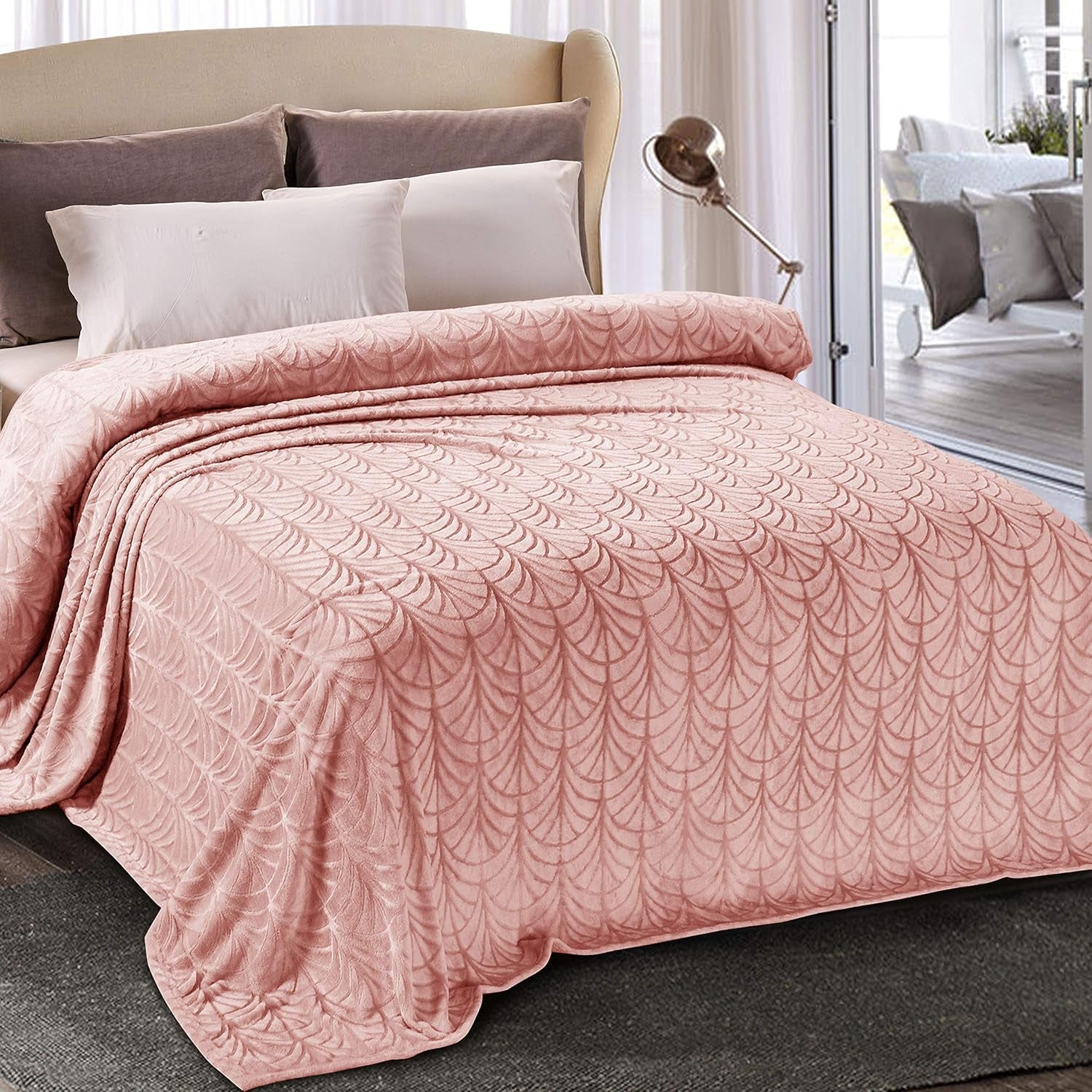 Flannel Fleece Queen Size Blanket for Bed, Soft Fluffy Velvet Bedspread Coverlet with Decorative Vintage Pattern for All Season, Warm and Lightweight, 90X90 Inch, Pink