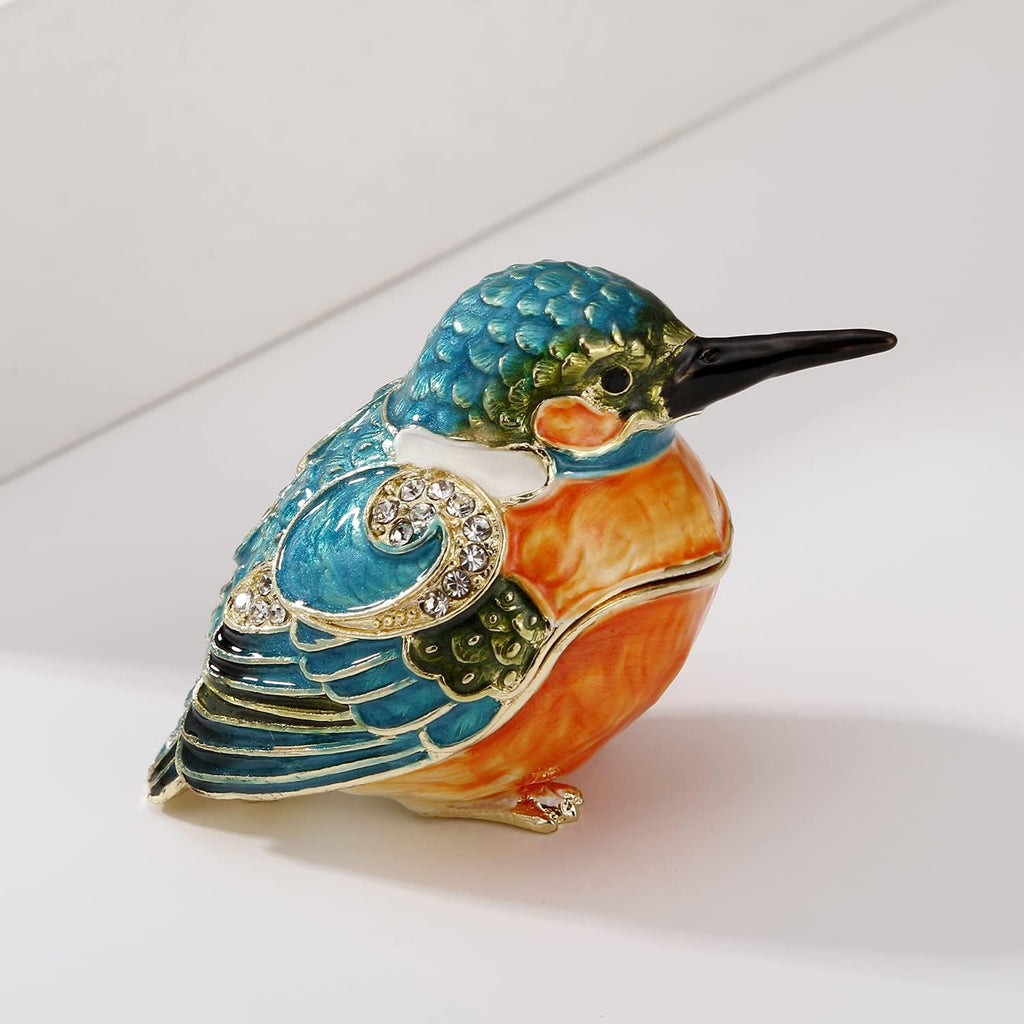 Hand Painted Enamel Bird Trinket Box for Home Decor, Hinged Jewelry Organizer for Ring Earrings, Unique Figurine Keepsake Collectible Personalized Elegant Handmade Ornament (Kingfisher)