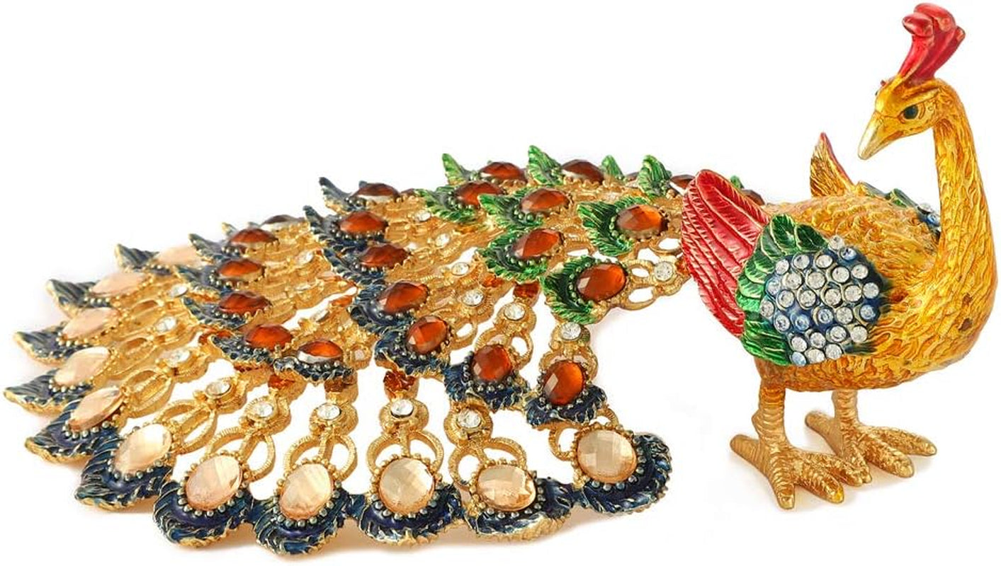 Peacock Trinket Boxes Hinged Enameled Jewelry Box Hand-Painted Animals Ornaments Craft Gift for Home Decor (Gold)