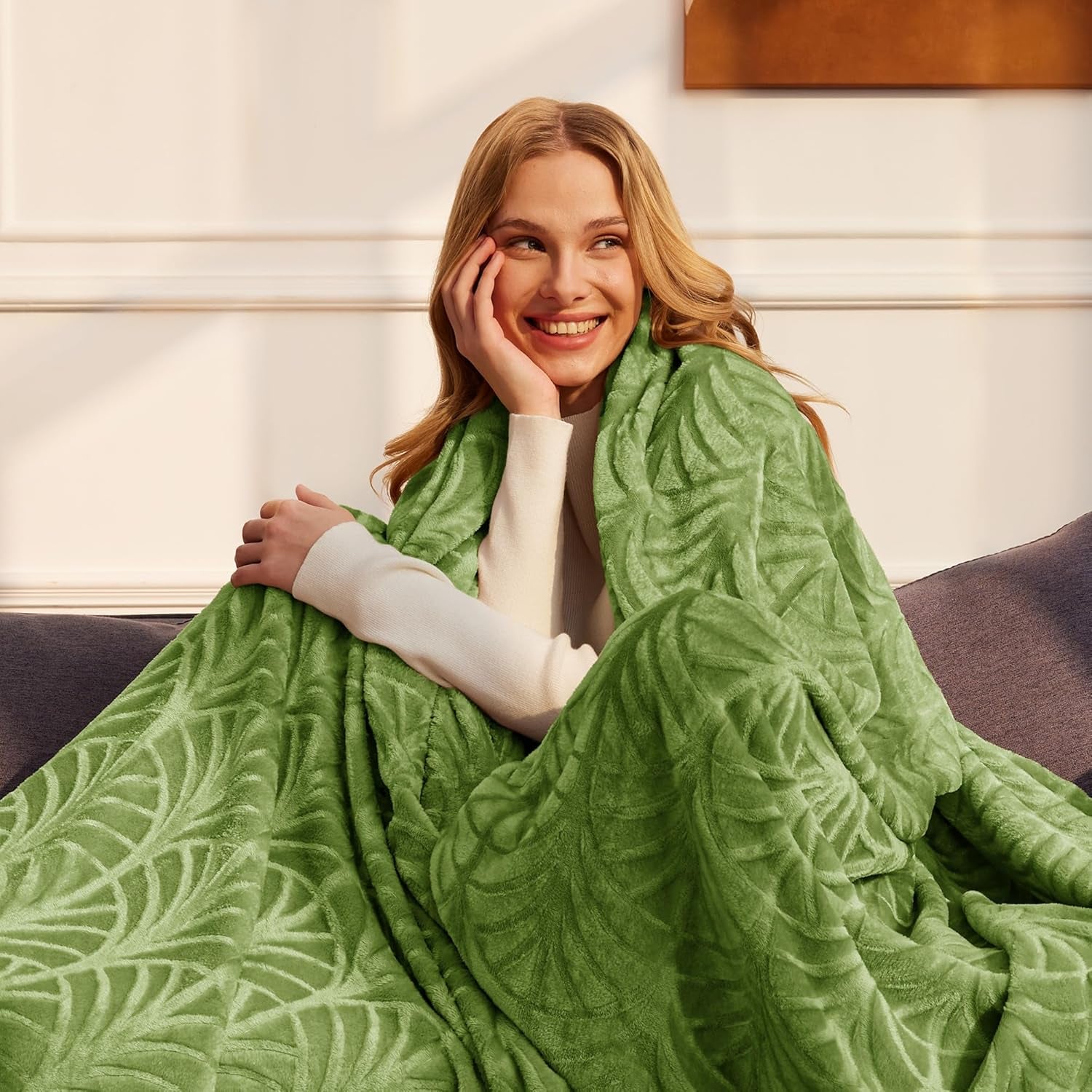 Flannel Fleece King Size Blanket for Bed, Soft Fluffy Velvet Bedspread Coverlet with Decorative Vintage Pattern for All Season, Warm and Lightweight, 90X104 Inch, Olive Green