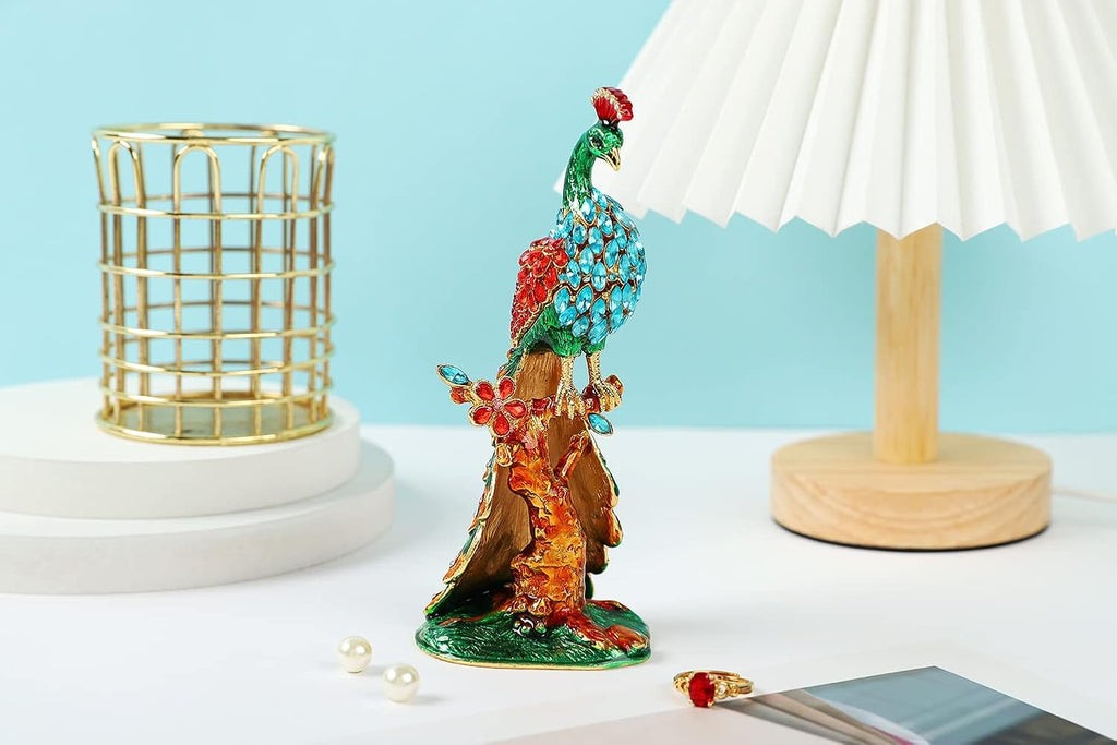 Peacock Trinket Boxes Hinged Enamel Hand-Painted Animals Craft Ornaments Decorative Jewelry Box Unique Gift for Home Decor (Green)