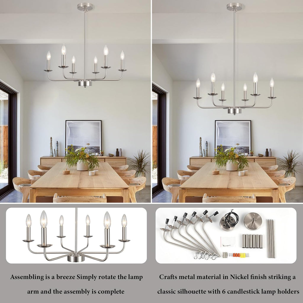 Dining Room Chandelier Nickel Chandelier Modern Farmhouse Candle Ceiling Light Contemporary 6 Lights Pendant Light Fixtures for Bedroom Living Room Kitchen Island Foyer