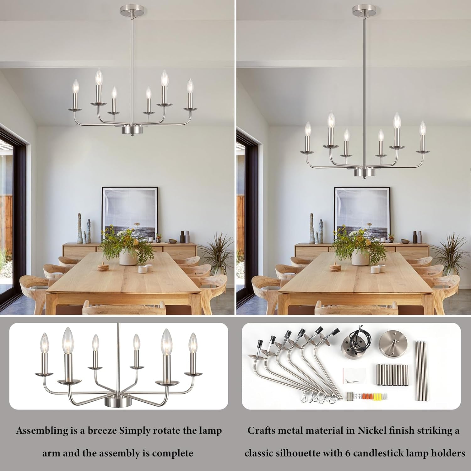 Dining Room Chandelier Nickel Chandelier Modern Farmhouse Candle Ceiling Light Contemporary 6 Lights Pendant Light Fixtures for Bedroom Living Room Kitchen Island Foyer