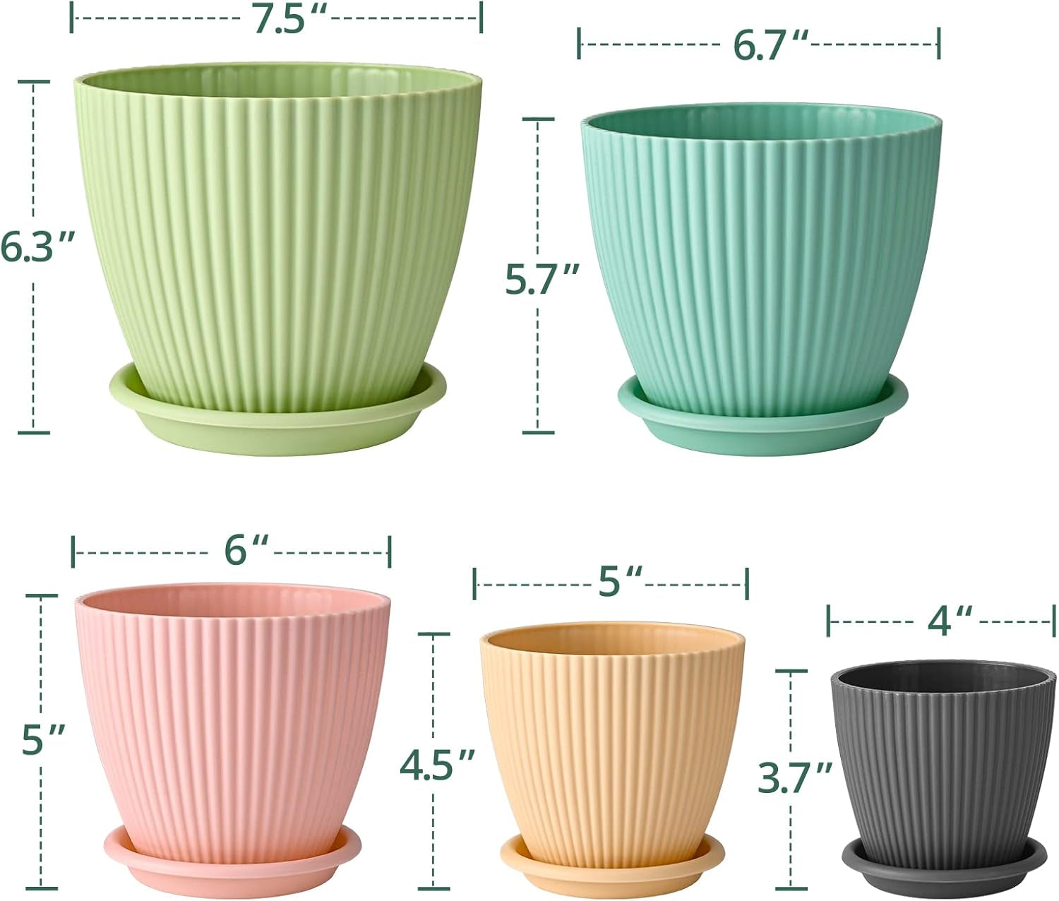 Plastic Flower Pot, 7.5/6.7/6/5/4 Inch Plant Pot with Drainage Hole and Saucer, Indoor Modern Decorative Planter Pot for All House Plants, Succulents, Cactus, Colorful