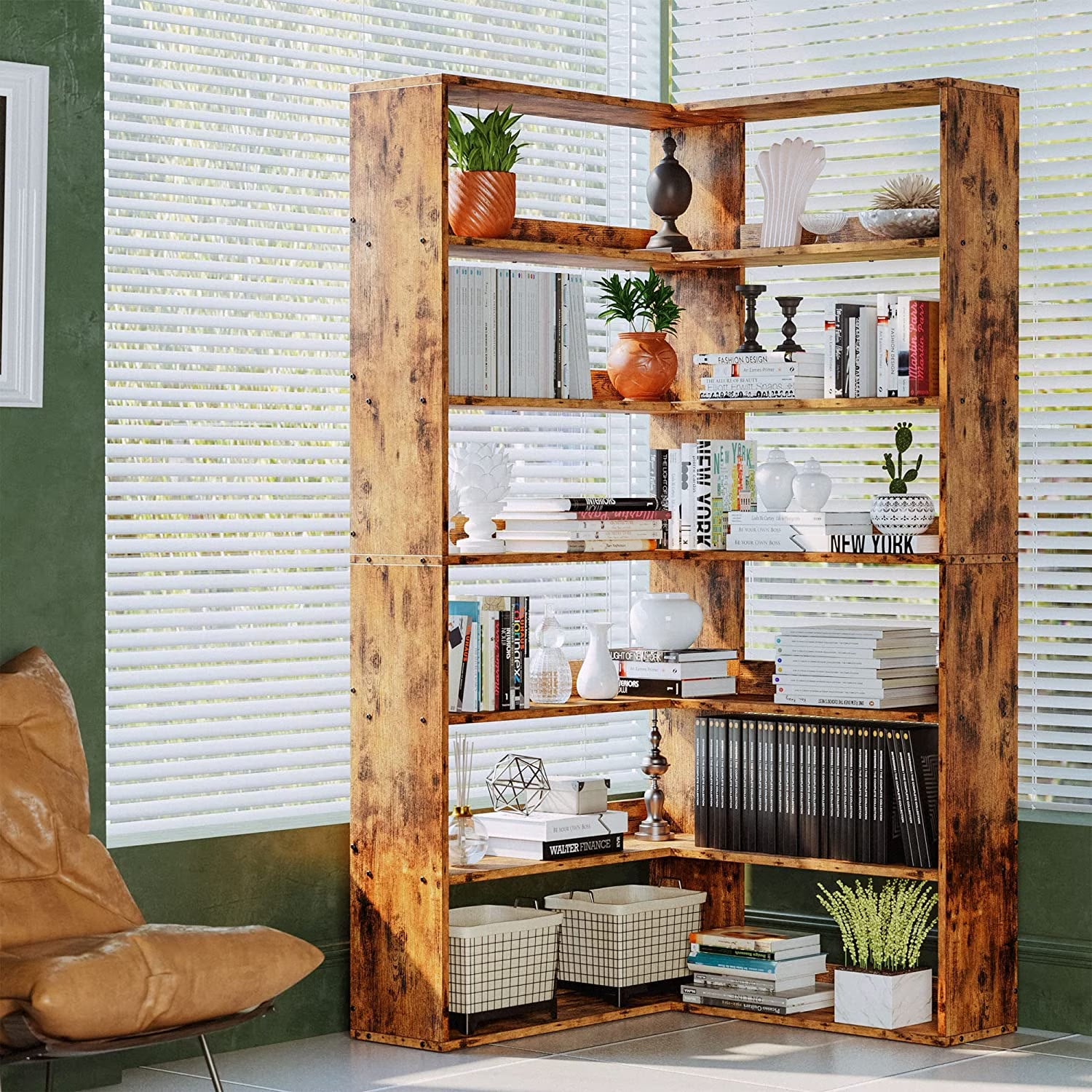 6-Tier Industrial Corner Bookcase with Baffles - Large Etagere Storage Rack for Home Office