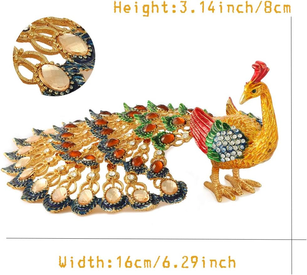 Peacock Trinket Boxes Hinged Enameled Jewelry Box Hand-Painted Animals Ornaments Craft Gift for Home Decor (Gold)