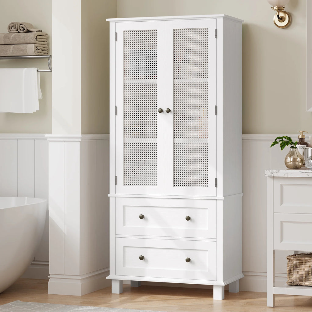 Bathroom Cabinet with Rattan Doors, Rattan Linen Storage Cabinet with 2 Drawers, White