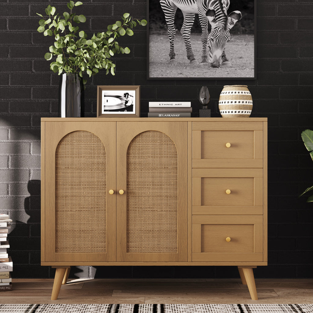 Rattan Storage Cabinet, Floor Cabinet with 2 Rattan Decorated Doors & Adjustable Shelves, Buffet Cabinet with 3 Drawers, Entryway Cabinet for Living Room, Dining Room,Hallway, Natural KBG005M