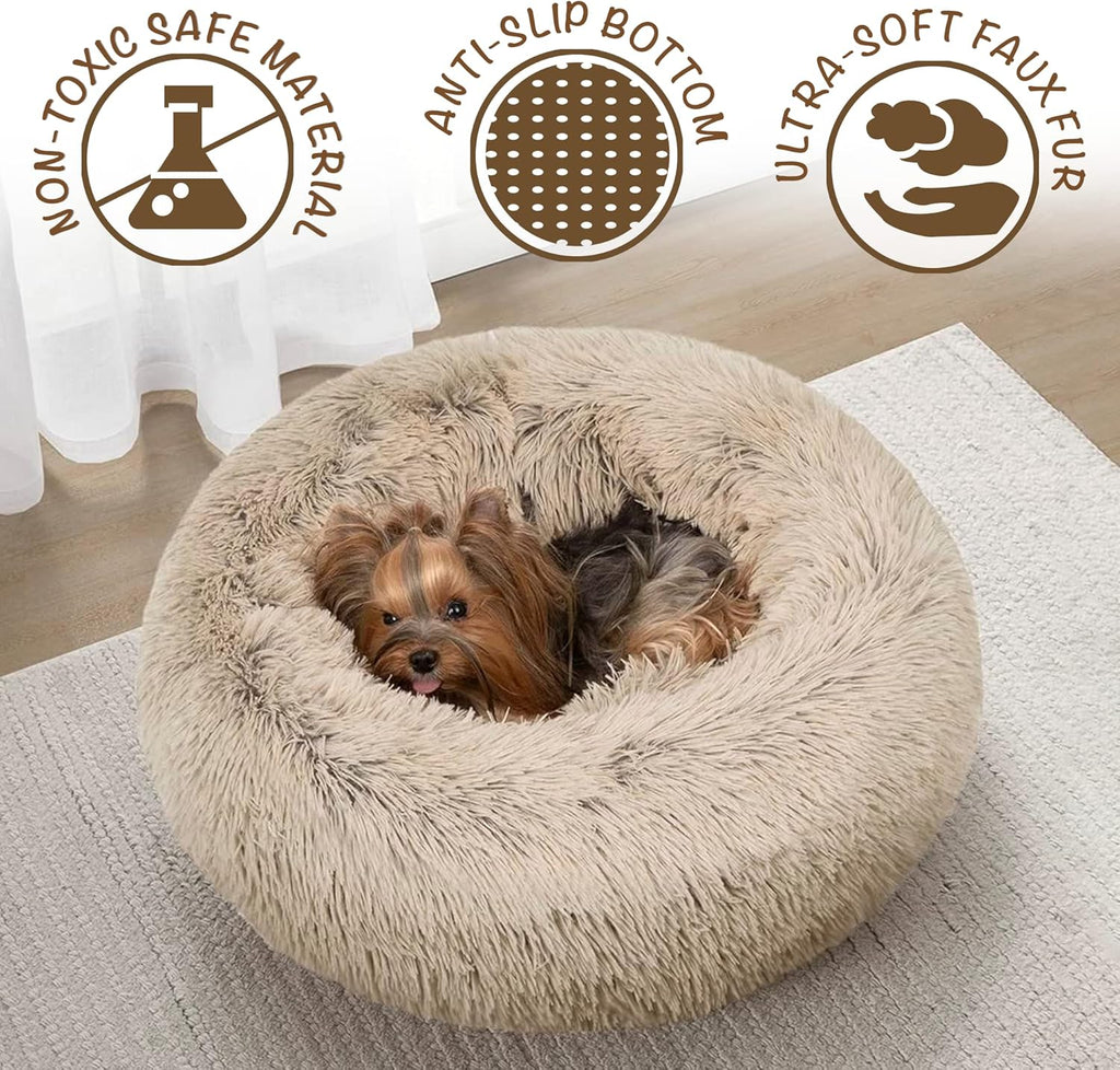 Donut Dog Bed Faux Fur Fluffy Calming Sofa for Medium Dogs, Soft & Plush anti Anxiety Pet Couch for Dogs, Machine Washable Coco Pet Bed with Non-Slip Bottom, 30"X30"X7" Tan