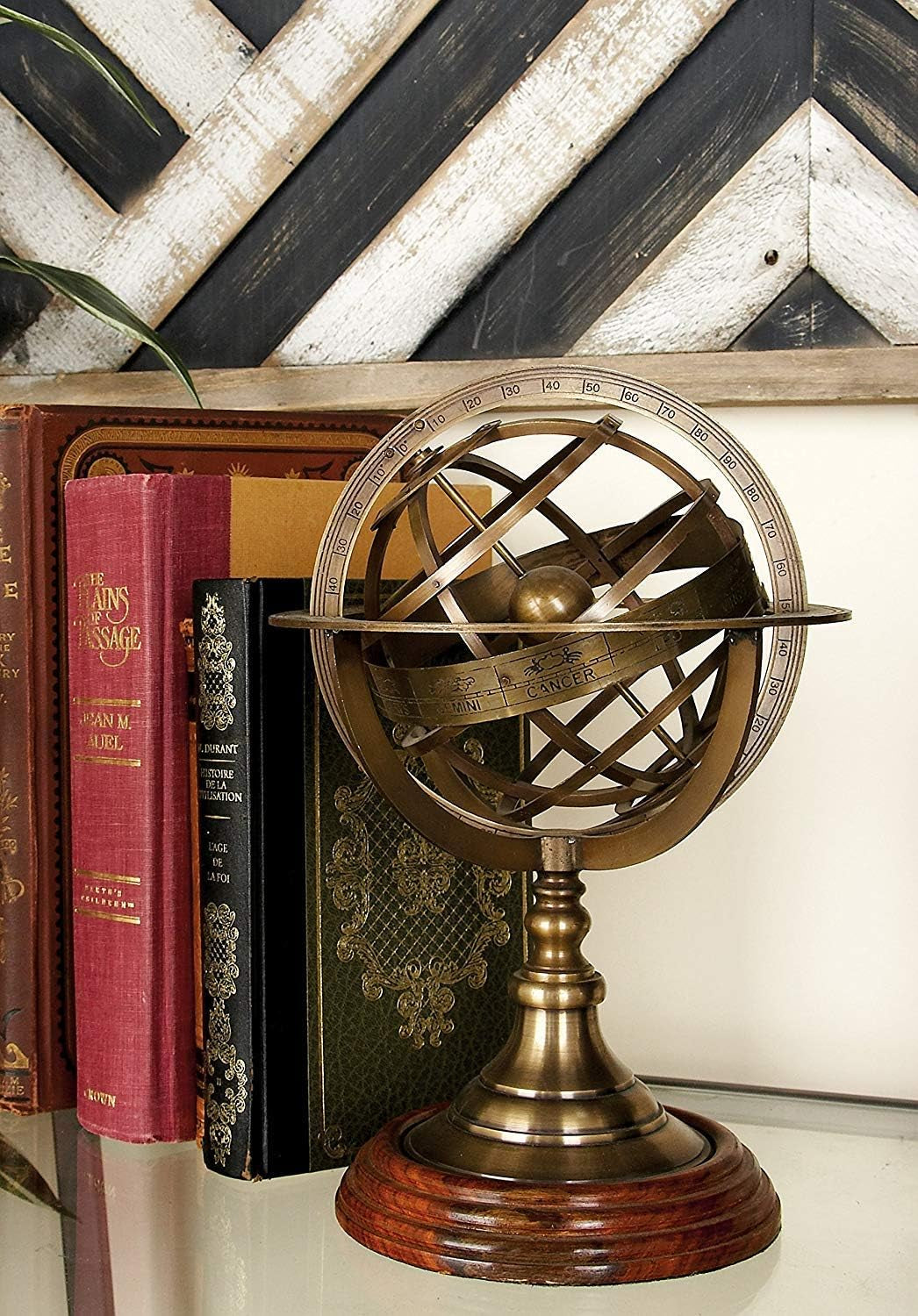 Antique Vintage Zodiac Armillary Brass Sphere Globe Wooden Display | Pirate'S Antique Ship Decor |  (Large, Antique Brass)
