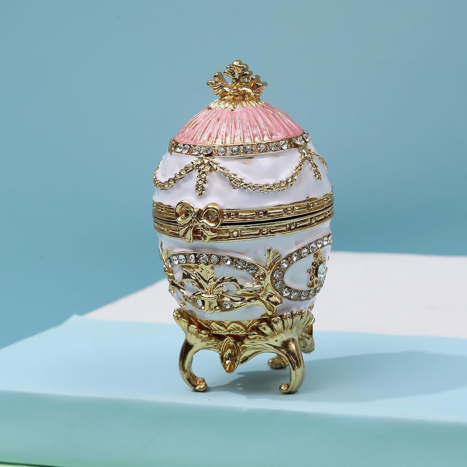 Unique Faberge Egg Trinket Box, Hand-Painted Enameled Hinged Jewelry Organizer, Vintage Bejeweled Storage, Mini Ring Earrings Jewelry Box, Figurine Collectible Keepsake Home Decor