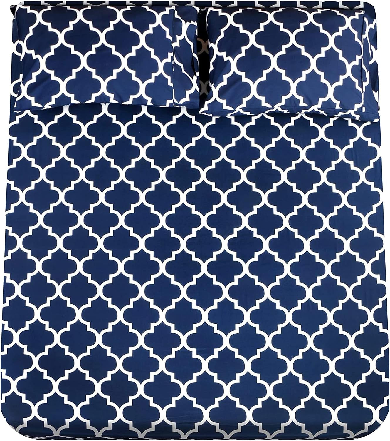 Full Bed Sheet Set - Super Soft Brushed Microfiber 1800 Thread Count Full Sheets with 16 Inch Deep Pocket - Wrinkle Free - 4 Piece(Navy Quatrefoil with White Pattern)