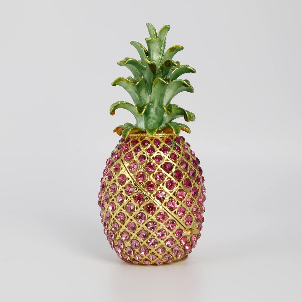 Large Pink Pineapple Jewelry Trinket Boxes Hinged Hand-Painted with Crystal Fruit Collectible Ornaments Gift Room Decor for Women Girls