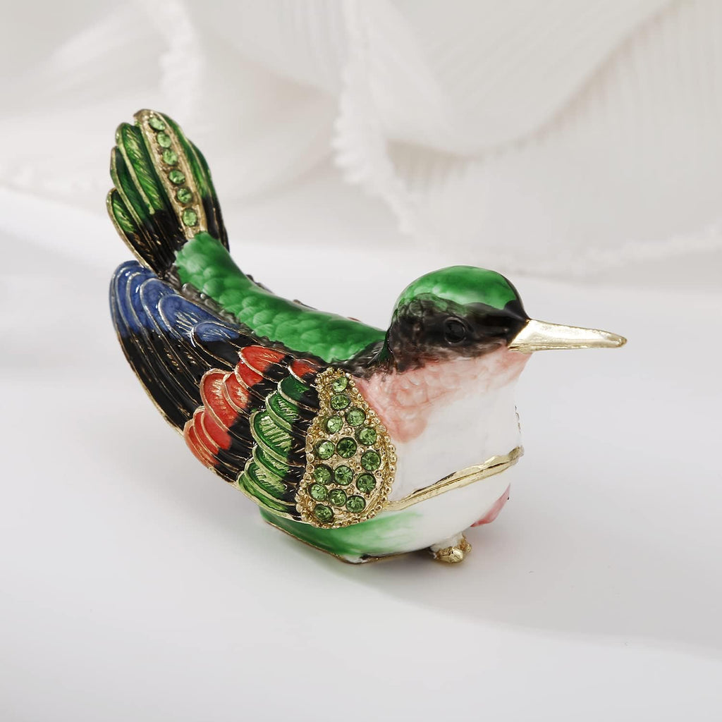 Hand Painted Enamel Bird Trinket Box for Home Decor, Hinged Jewelry Organizer for Ring Earrings, Unique Figurine Keepsake Collectible Personalized Elegant Handmade Ornament (Hummingbird-2)