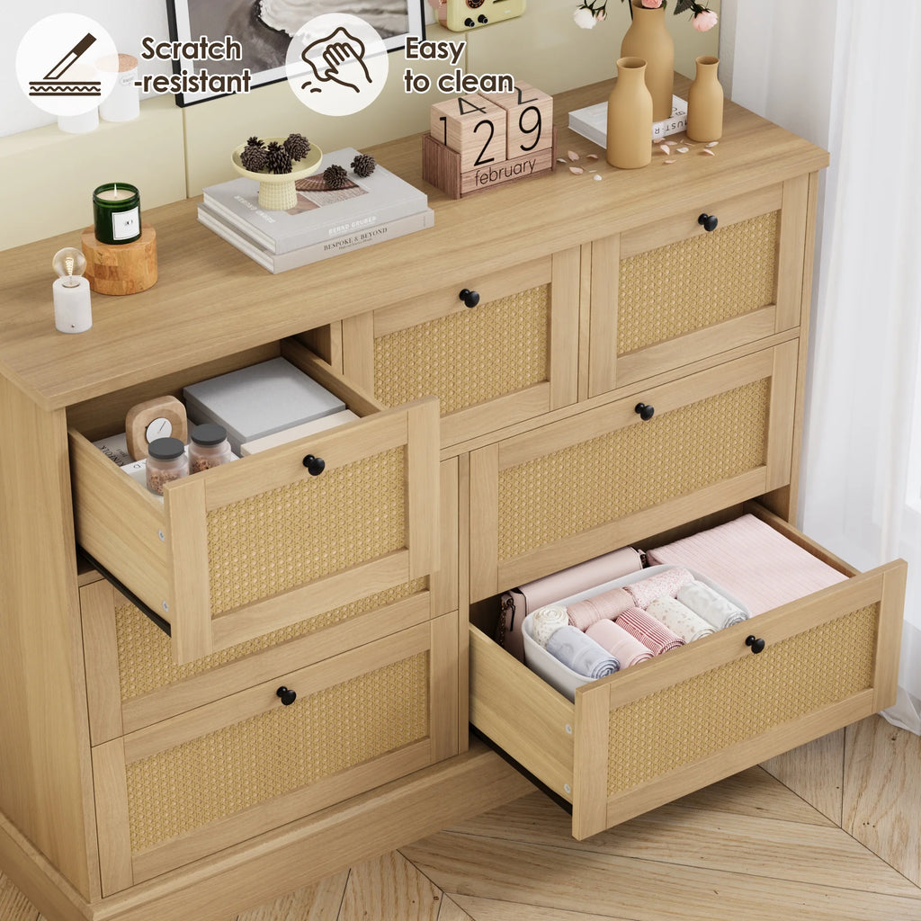 Rattan Dresser, 7 Drawer Combo Double Dresser, Modern Wicker Chest for Bedroom, Burlywood
